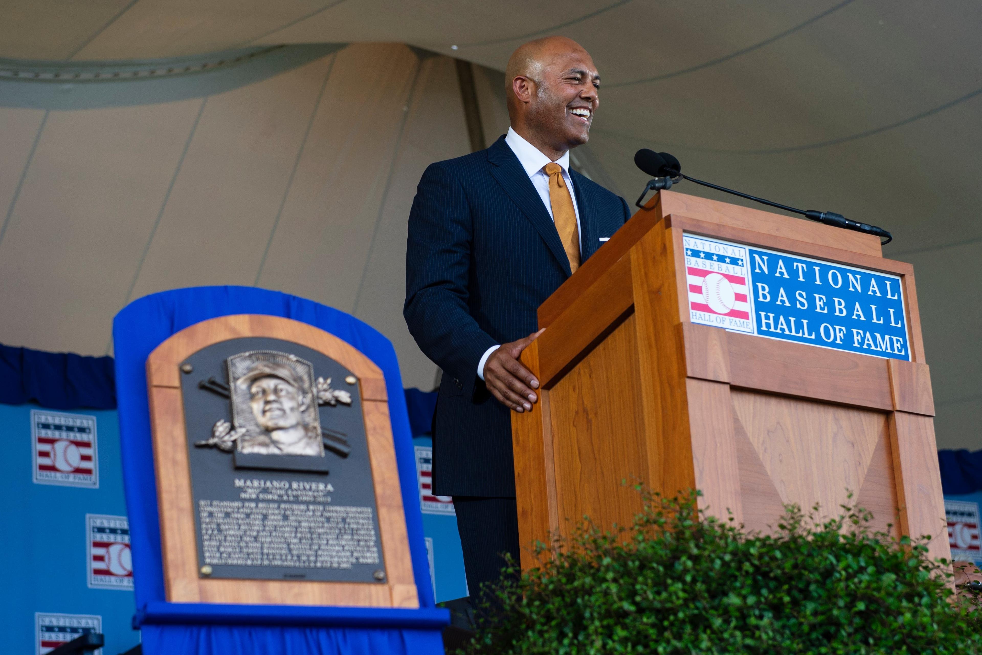 Jul 21, 2019; Cooperstown, NY, USA; Hall of Fame Inductee Mariano Rivera makes his acceptance speech during the 2019 National Baseball Hall of Fame induction ceremony at the Clark Sports Center. Mandatory Credit: Gregory J. Fisher-USA TODAY Sports / Gregory Fisher