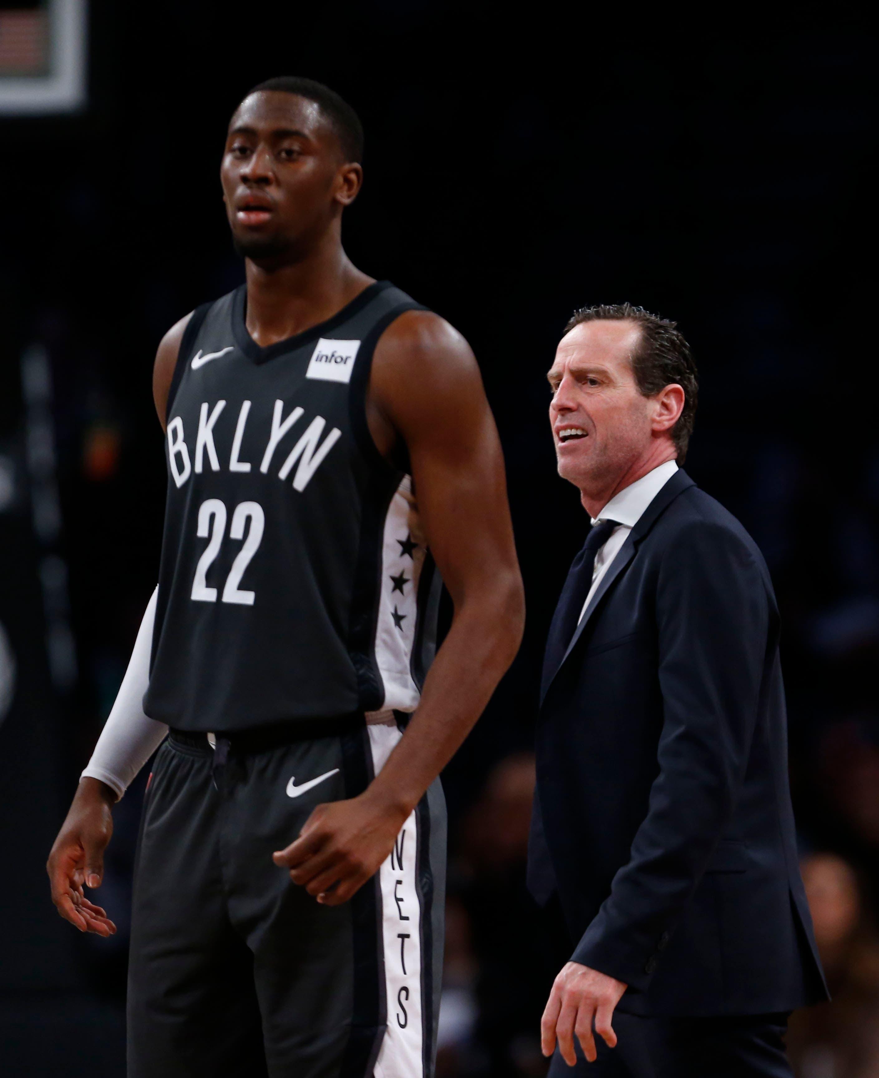 Apr 20, 2019; Brooklyn, NY, USA; Brooklyn Nets head coach Kenny Atkinson and guard Caris LeVert (22) react during the second half time out against the Philadelphia 76ers at Barclays Center. Mandatory Credit: Noah K. Murray-USA TODAY Sports / Noah K. Murray