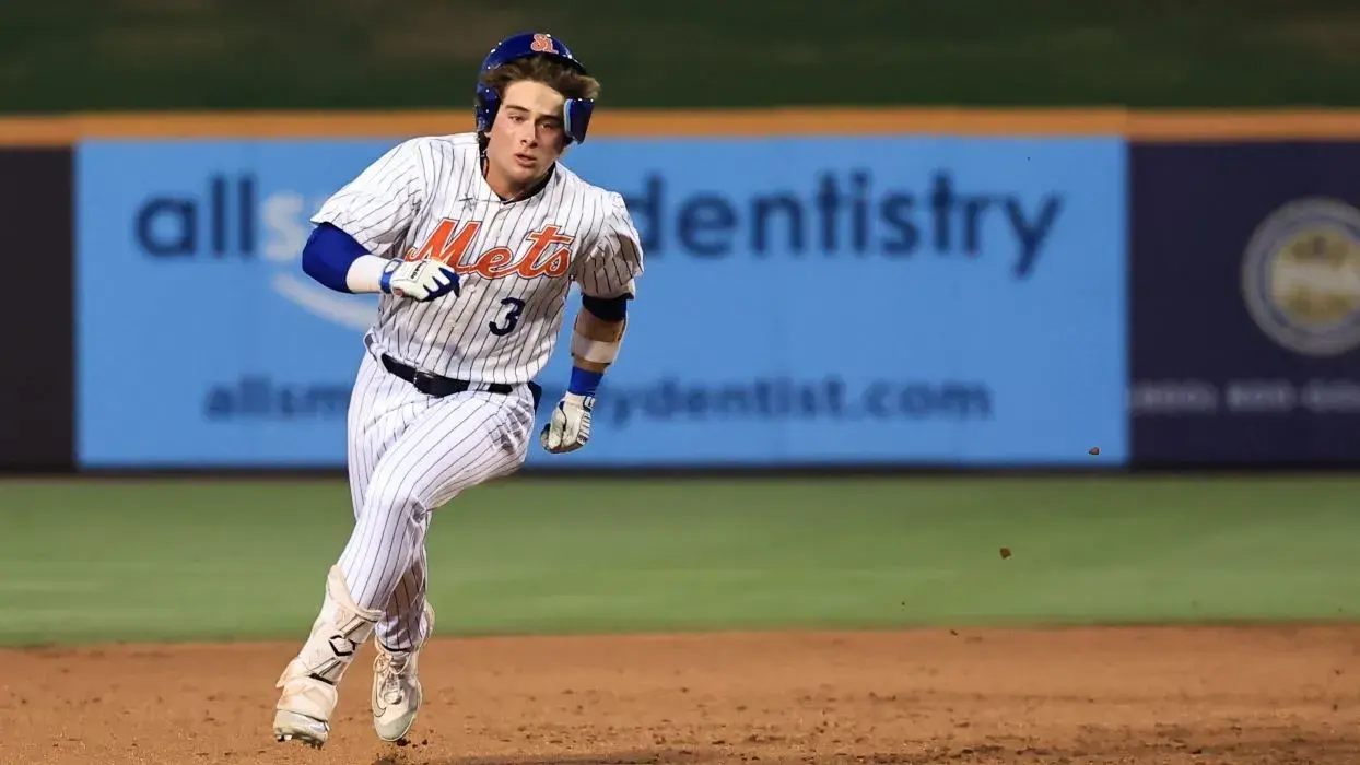 Nick Morabito's helmet starts to fall off as he rounds the bases for the St. Lucie Mets. / Helene Haessler/St. Lucie Mets