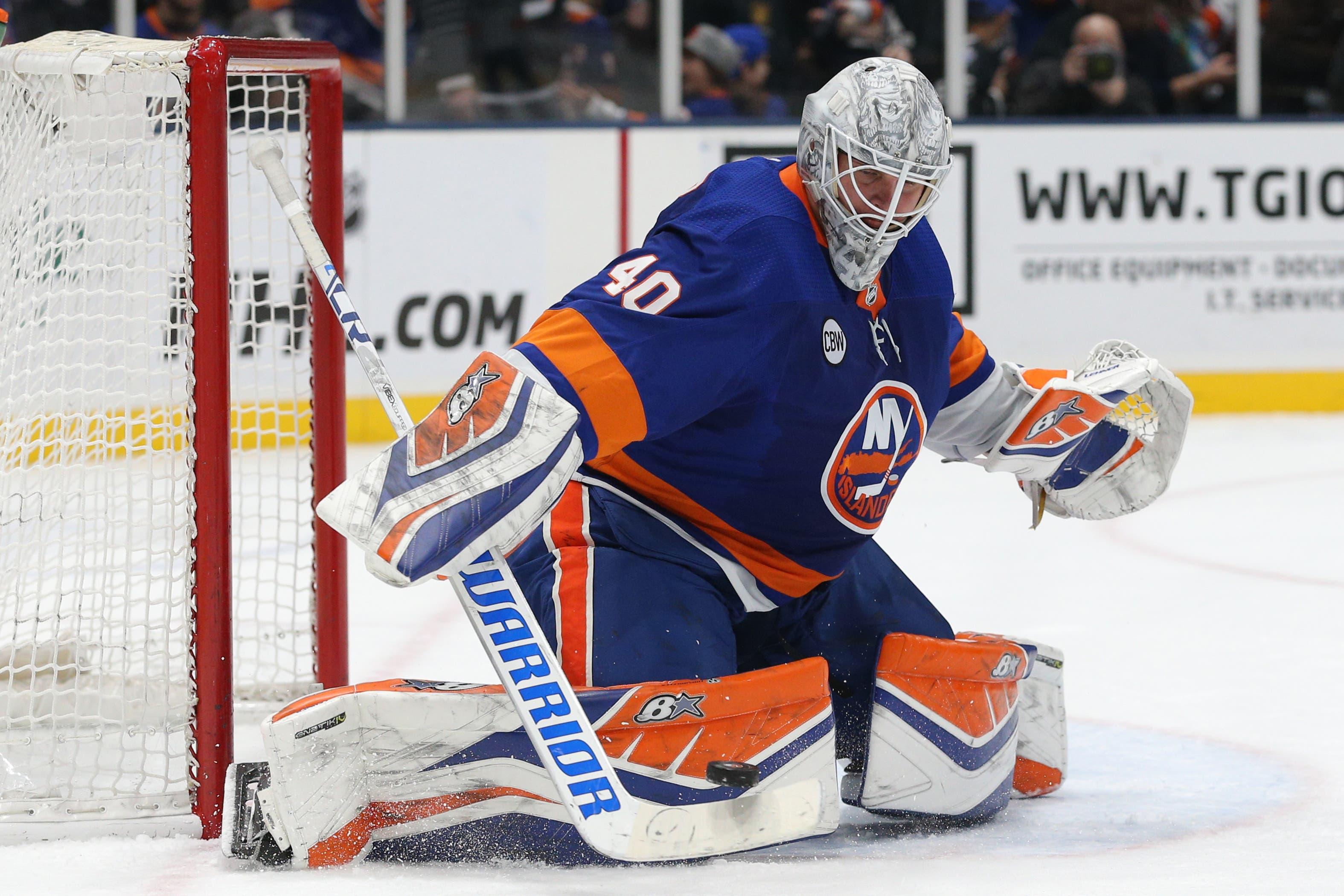 Mar 24, 2019; Uniondale, NY, USA; New York Islanders goalie Robin Lehner (40) makes a save against the Arizona Coyotes during the third period at Nassau Veterans Memorial Coliseum. Mandatory Credit: Brad Penner-USA TODAY Sports / Brad Penner