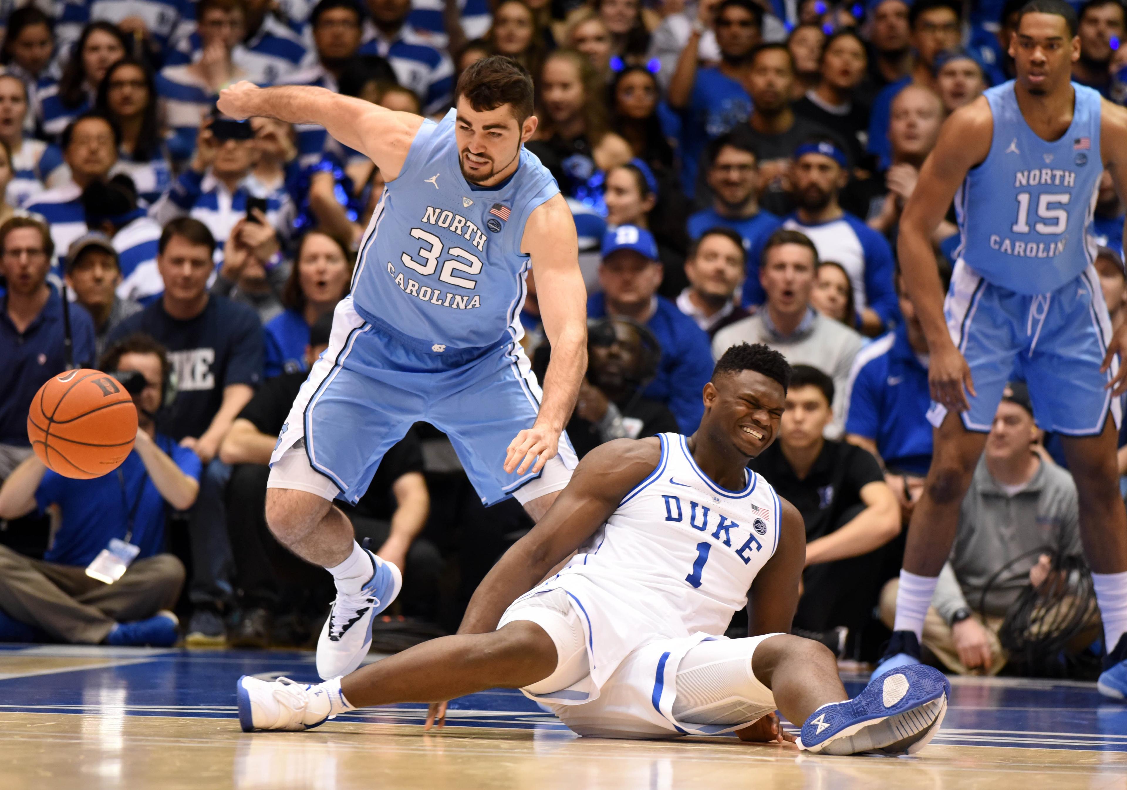 Feb 20, 2019; Durham, NC, USA; Duke Blue Devils forward Zion Williamson (1) reacts after falling during the first half against the North Carolina Tar Heels at Cameron Indoor Stadium. Mandatory Credit: Rob Kinnan-USA TODAY Sports / Rob Kinnan