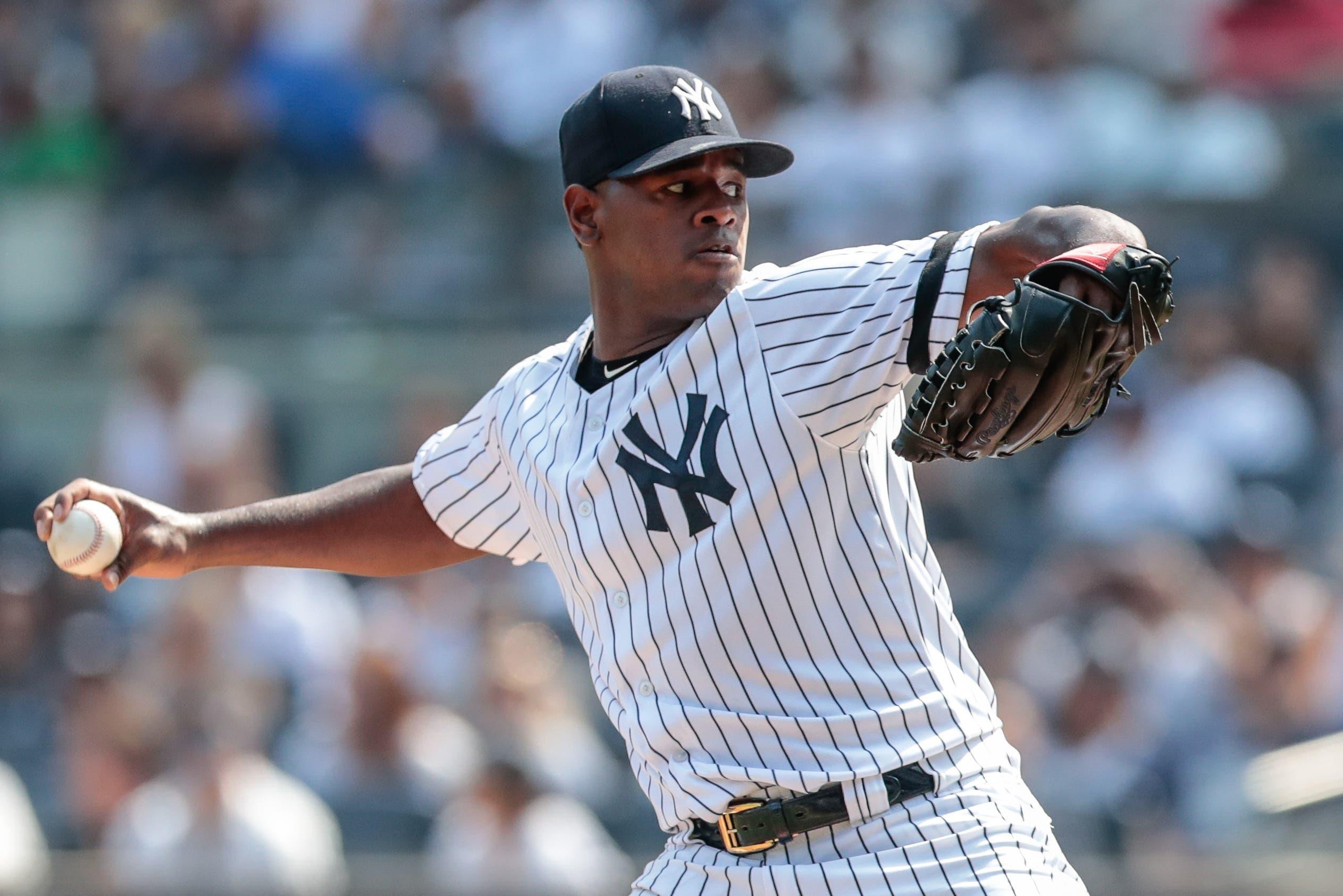 Sep 22, 2019; Bronx, NY, USA; New York Yankees starting pitcher Luis Severino (40) pitches during the first inning against the Toronto Blue Jays at Yankee Stadium. Mandatory Credit: Vincent Carchietta-USA TODAY Sports / Vincent Carchietta