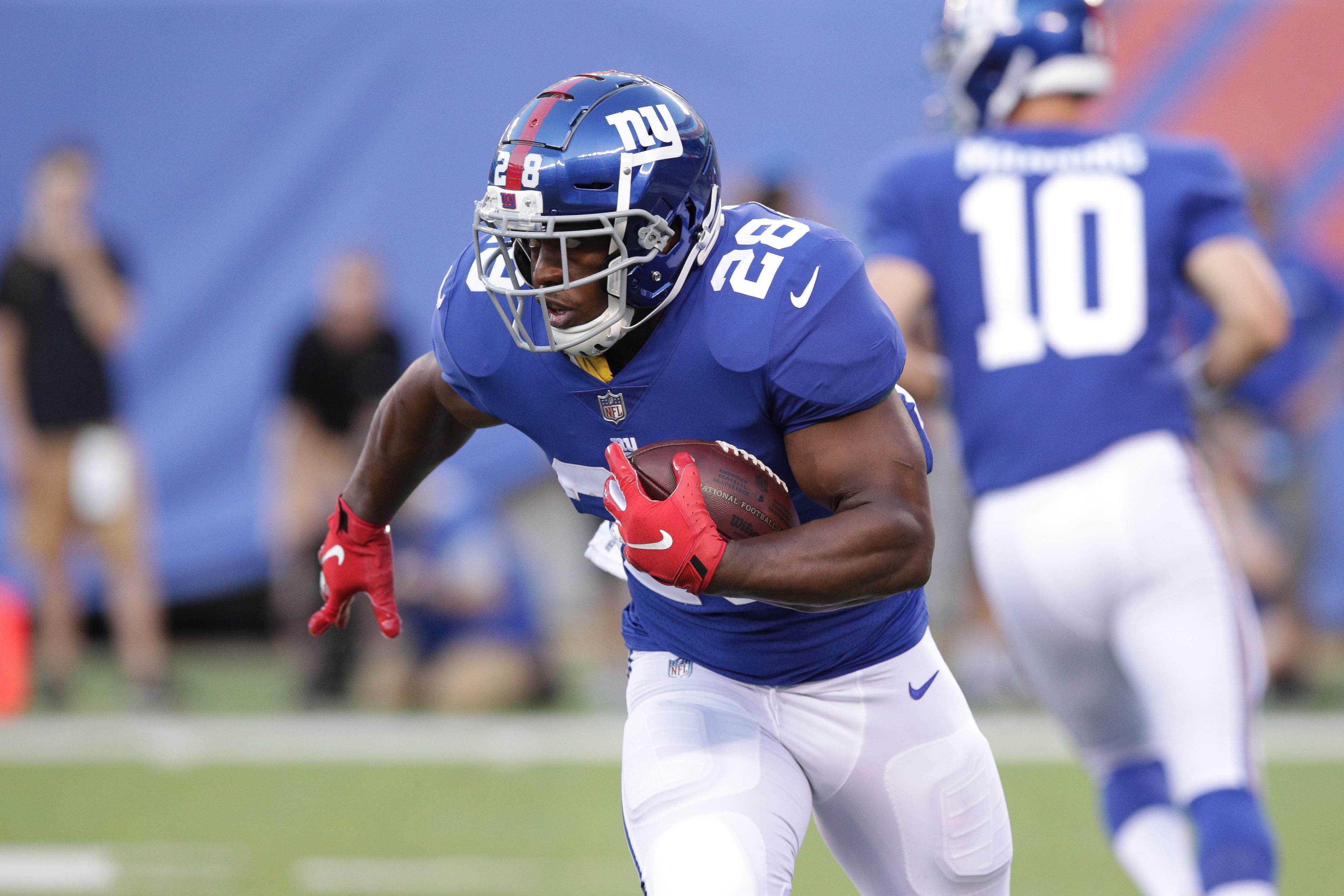 Aug 9, 2018; East Rutherford, NJ, USA; New York Giants running back Jonathan Stewart (28) carries the ball against the Cleveland Browns at MetLife Stadium. Mandatory Credit: Vincent Carchietta-USA TODAY Sports / Vincent Carchietta