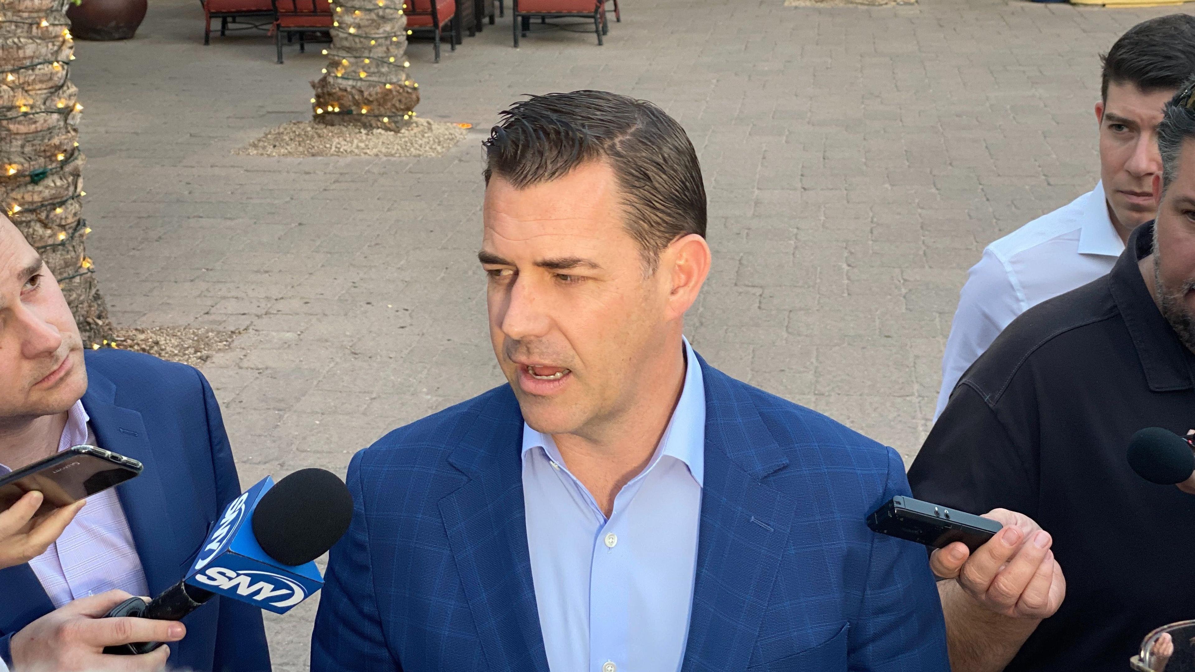 Mets GM Brodie Van Wagenen speaks with reporters at the GM Meetings. / SNY