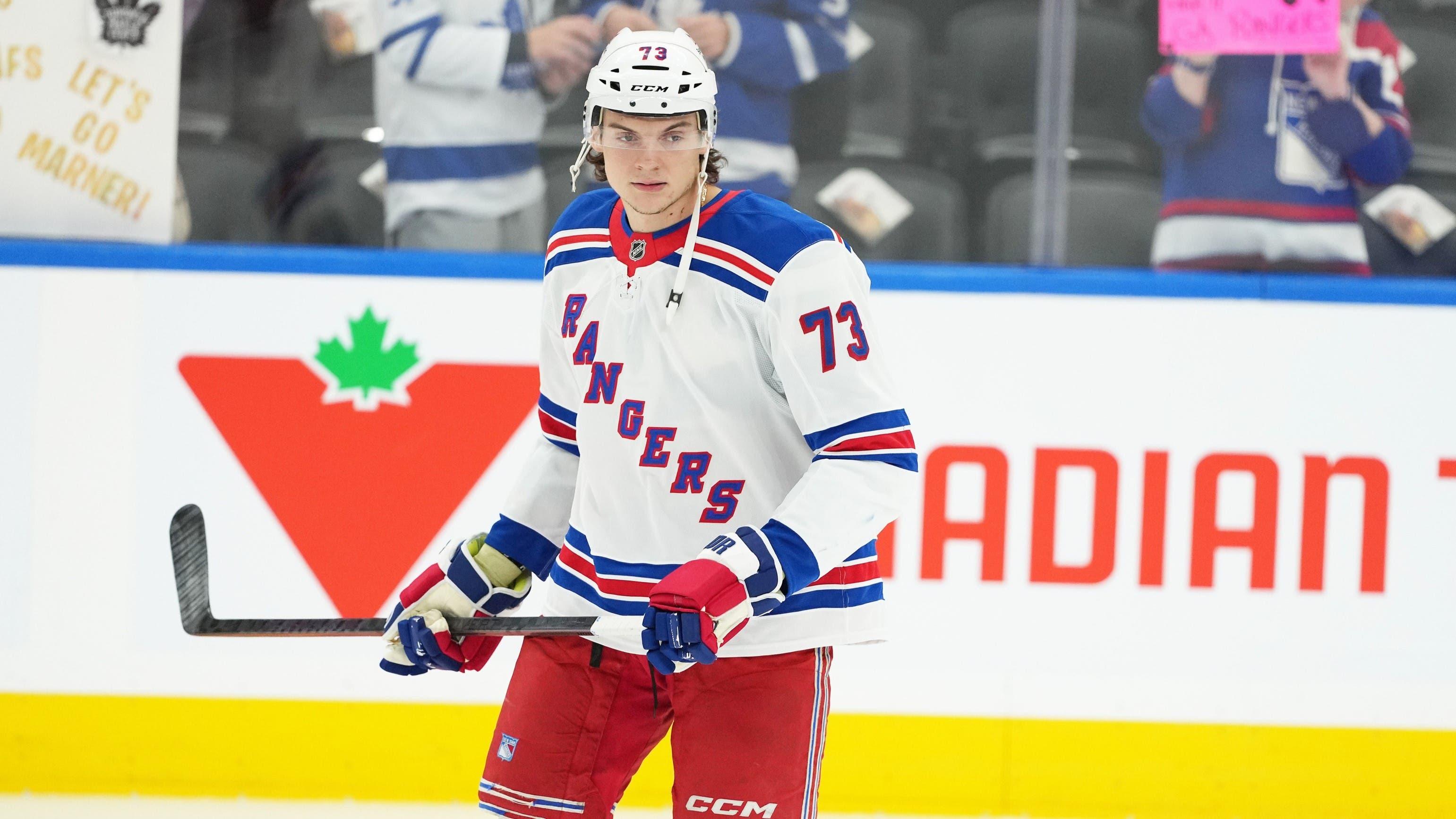 Oct 19, 2024; Toronto, Ontario, CAN; New York Rangers center Matt Rempe (73) skates during warmups before a game against the Toronto Maple Leafs at Scotiabank Arena. / Nick Turchiaro-Imagn Images