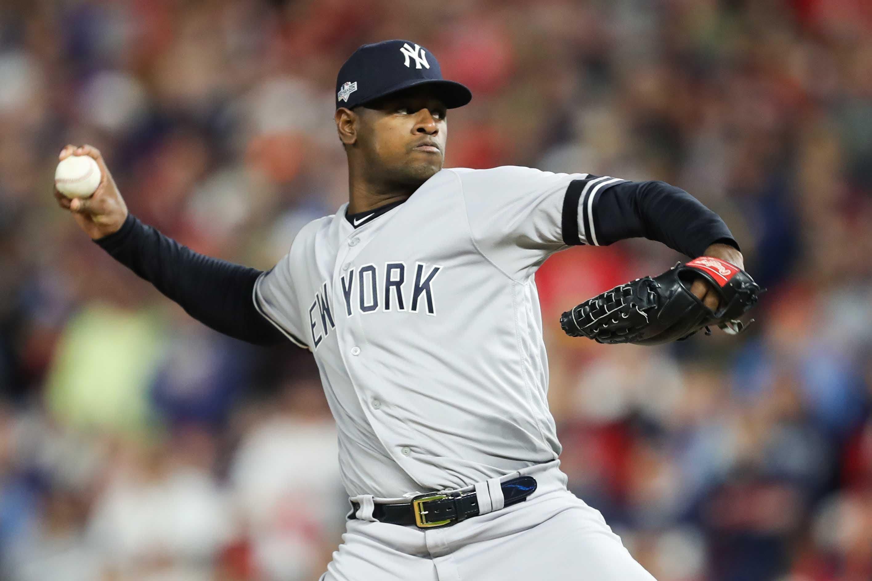 Oct 7, 2019; Minneapolis, MN, USA; New York Yankees starting pitcher Luis Severino (40) delivers during the first inning of game three of the 2019 ALDS playoff baseball series against the Minnesota Twins at Target Field. Mandatory Credit: Jesse Johnson-USA TODAY Sports / Jesse Johnson