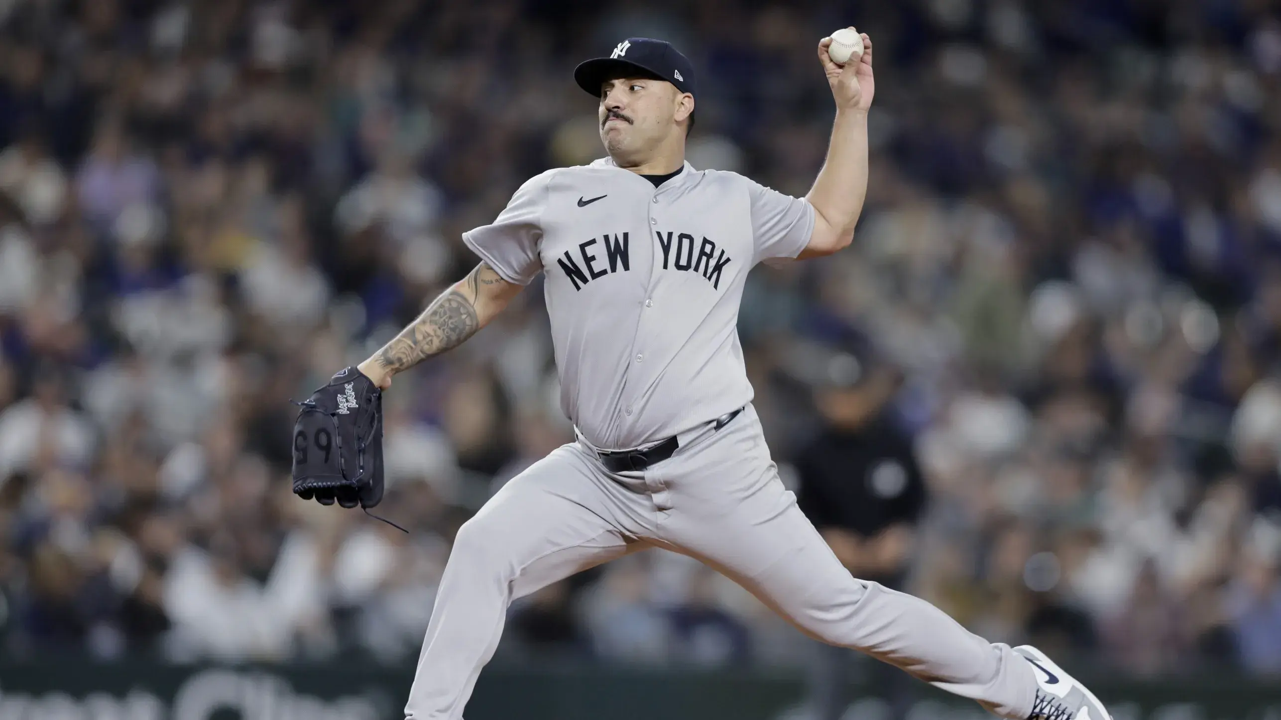 Sep 18, 2024; Seattle, Washington, USA; New York Yankees starting pitcher Nestor Cortes (65) throws against the Seattle Mariners during the fifth inning at T-Mobile Park. / John Froschauer-Imagn Images