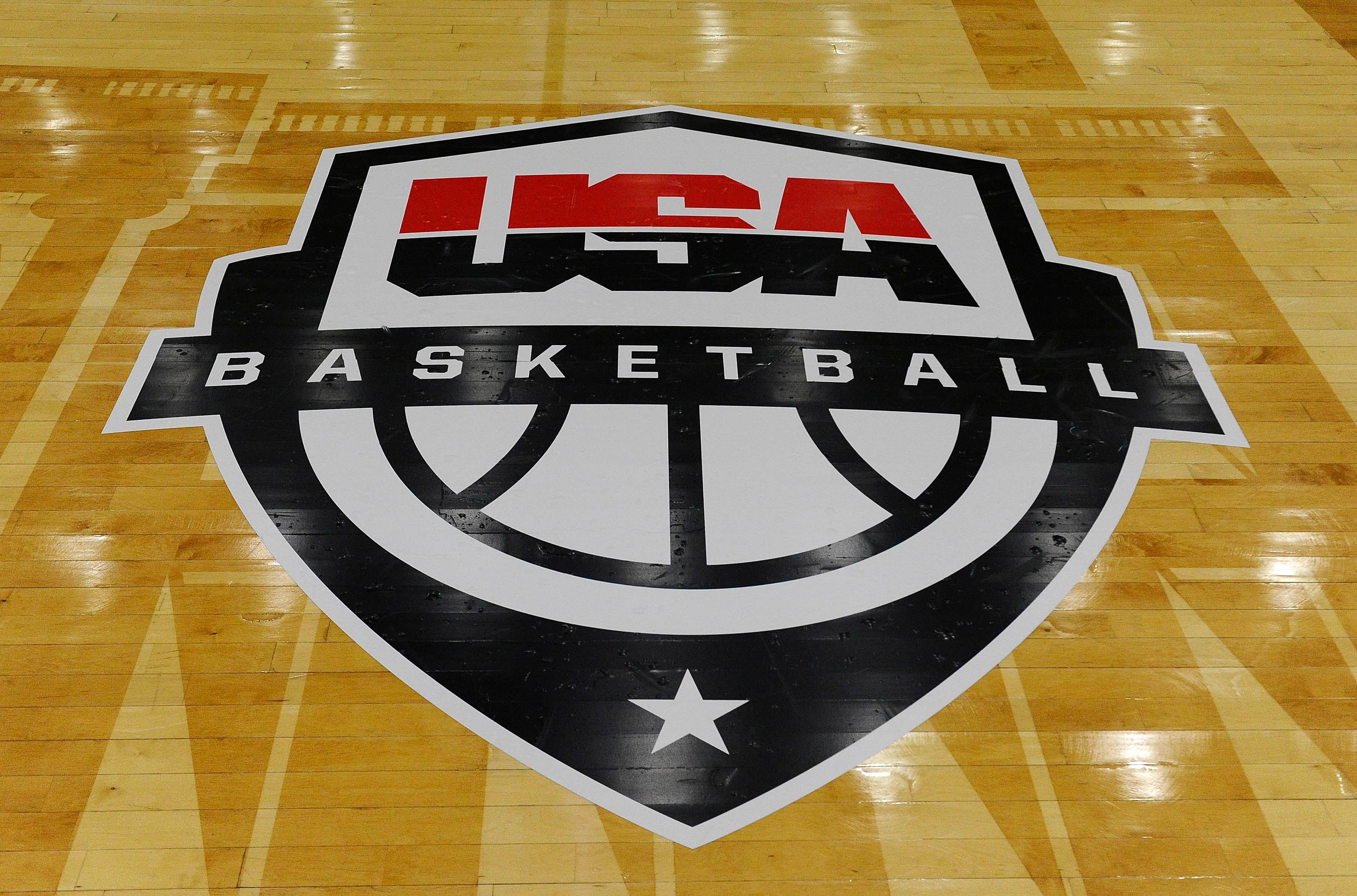 Sep 10, 2018; Washington, DC, USA; Detail view of logo on court before an international exhibition basketball game game between the United States and Japan at the Charles E. Smith Center at George Washington University. Mandatory Credit: Brad Mills-USA TODAY Sports