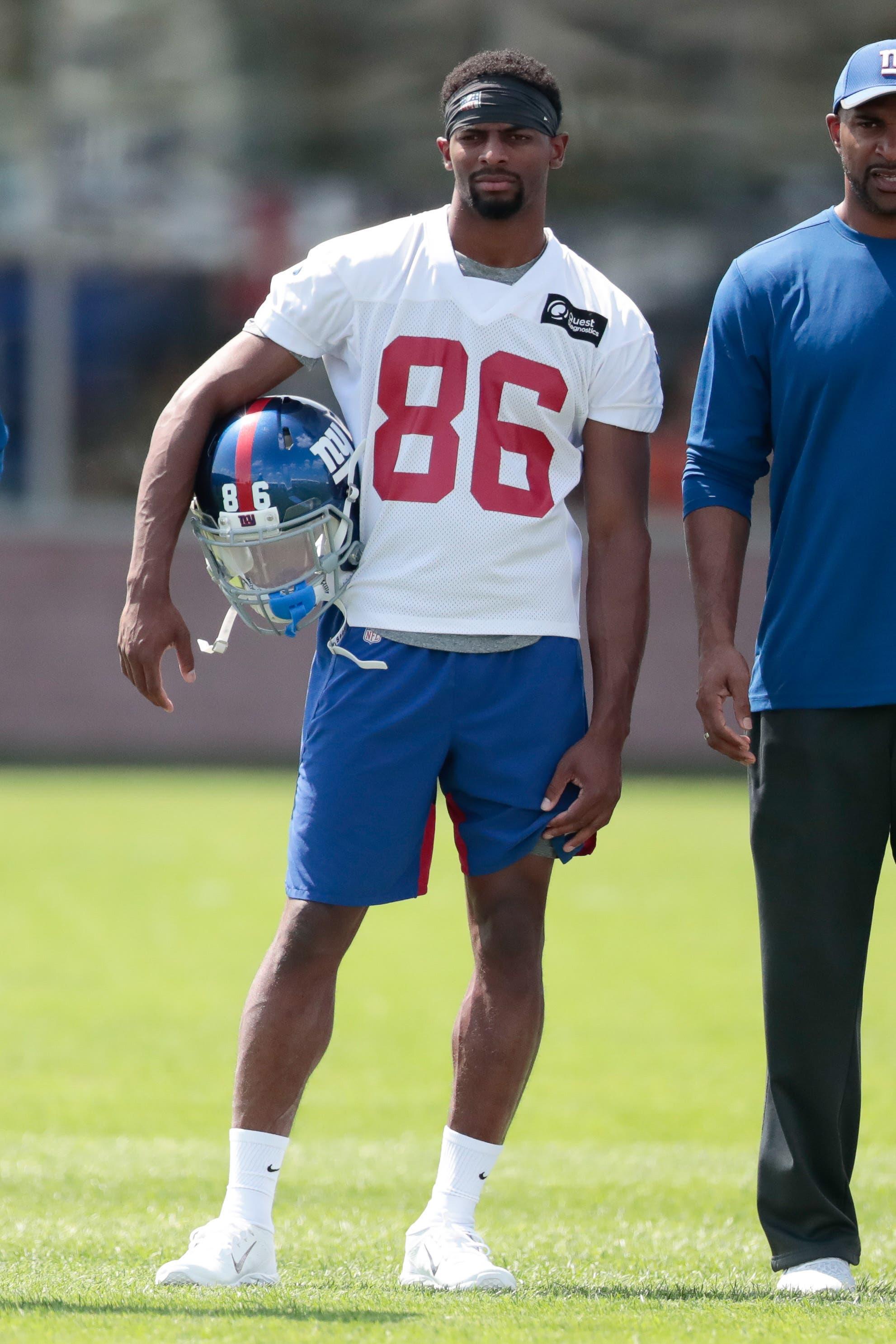 Jul 25, 2019; East Rutherford, NJ, USA; New York Giants wide receiver Darius Slayton (86) looks on during the first day of training camp at Quest Diagnostics Training Center. Mandatory Credit: Vincent Carchietta-USA TODAY Sports / Vincent Carchietta