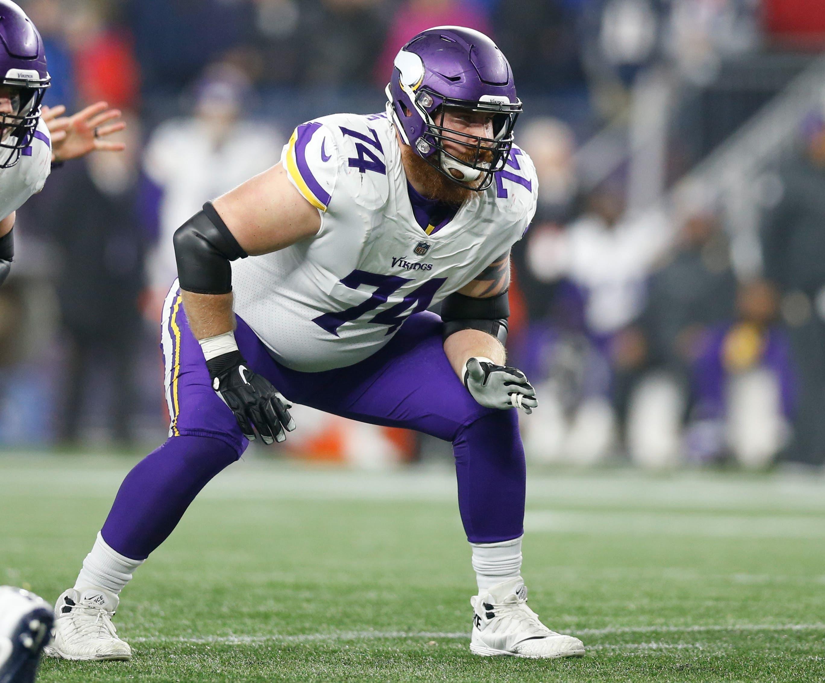 Dec 2, 2018; Foxborough, MA, USA; Minnesota Vikings tackle Mike Remmers (74) at the line of scrimmage during the first quarter against the Minnesota Vikings at Gillette Stadium. Mandatory Credit: Greg M. Cooper-USA TODAY Sports / Greg M. Cooper