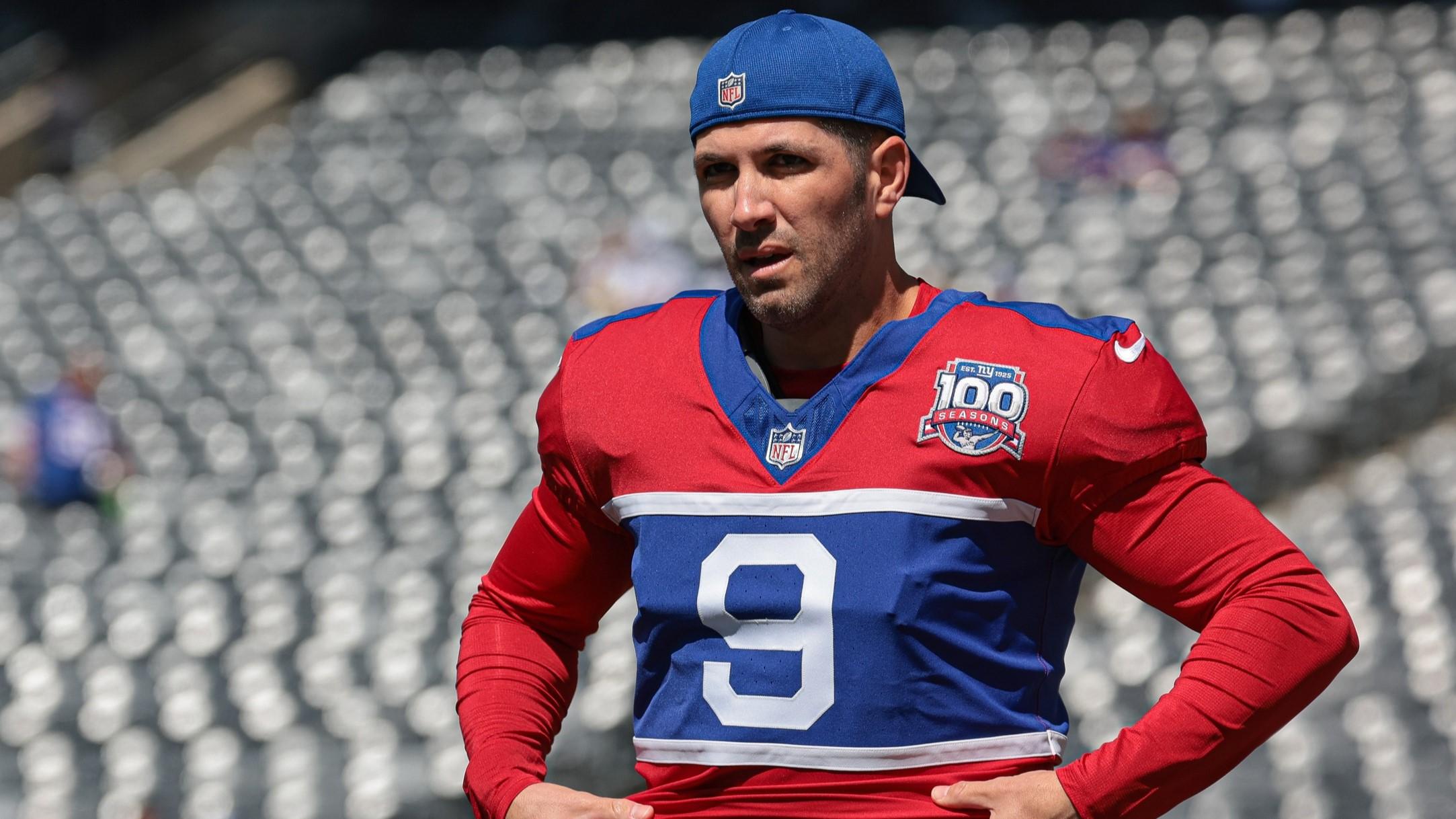 Sep 8, 2024; East Rutherford, New Jersey, USA; New York Giants place kicker Graham Gano (9) on the field before the game against the Minnesota Vikings at MetLife Stadium. 