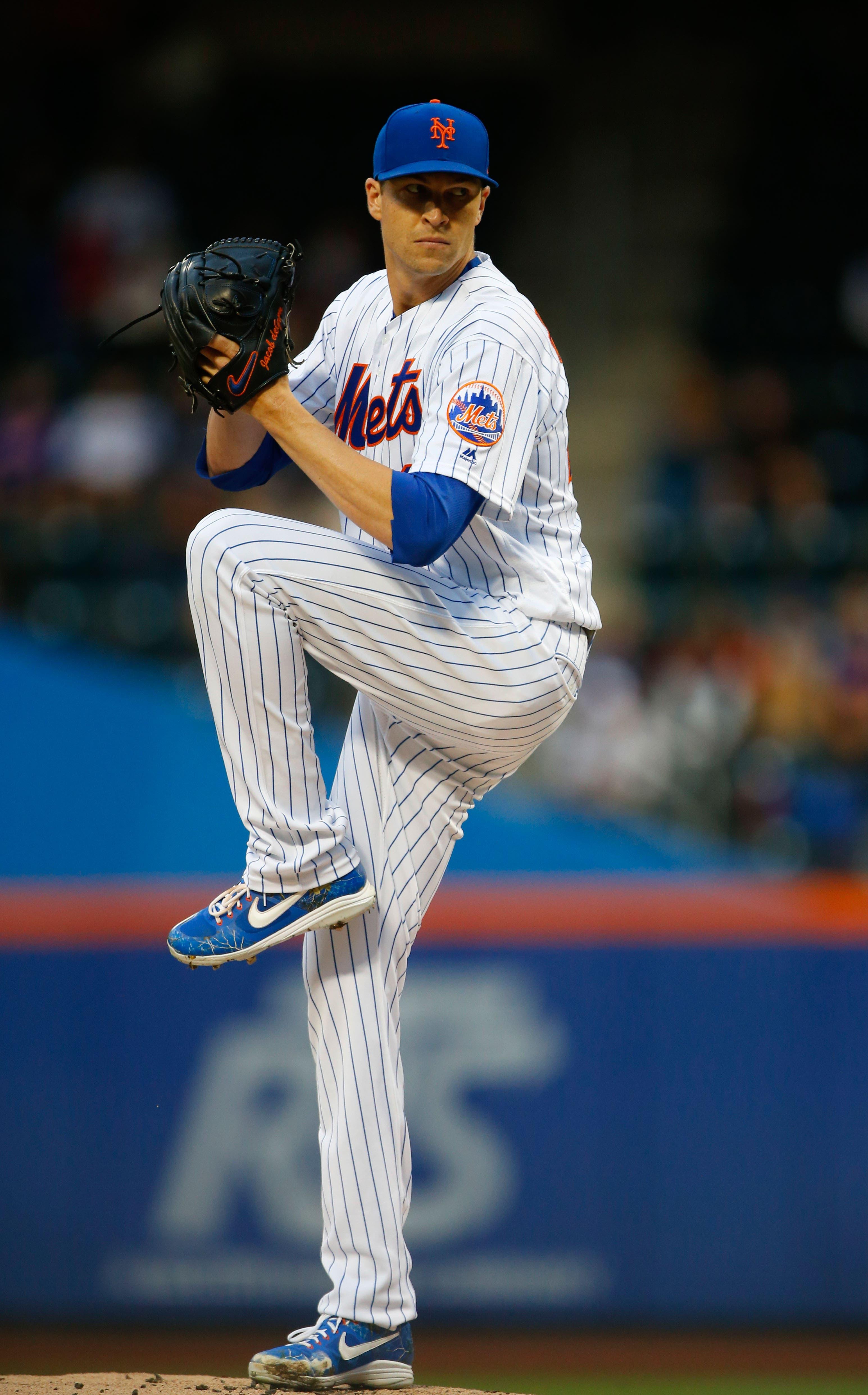 Jun 13, 2019; New York City, NY, USA; New York Mets starting pitcher Jacob deGrom (48) pitches against the St. Louis Cardinals in the first inning at Citi Field. Mandatory Credit: Noah K. Murray-USA TODAY Sports / Noah K. Murray