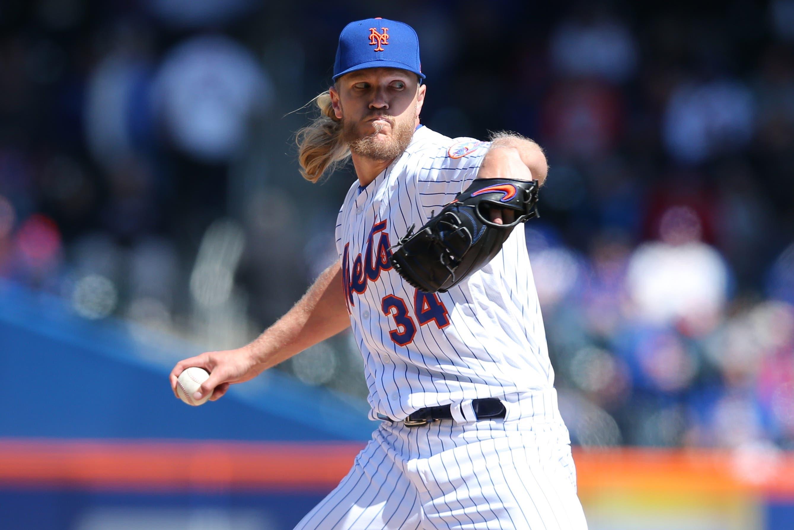 Apr 4, 2019; New York City, NY, USA; New York Mets starting pitcher Noah Syndergaard (34) pitches against the Washington Nationals during the second inning at Citi Field. Mandatory Credit: Brad Penner-USA TODAY Sports / Brad Penner