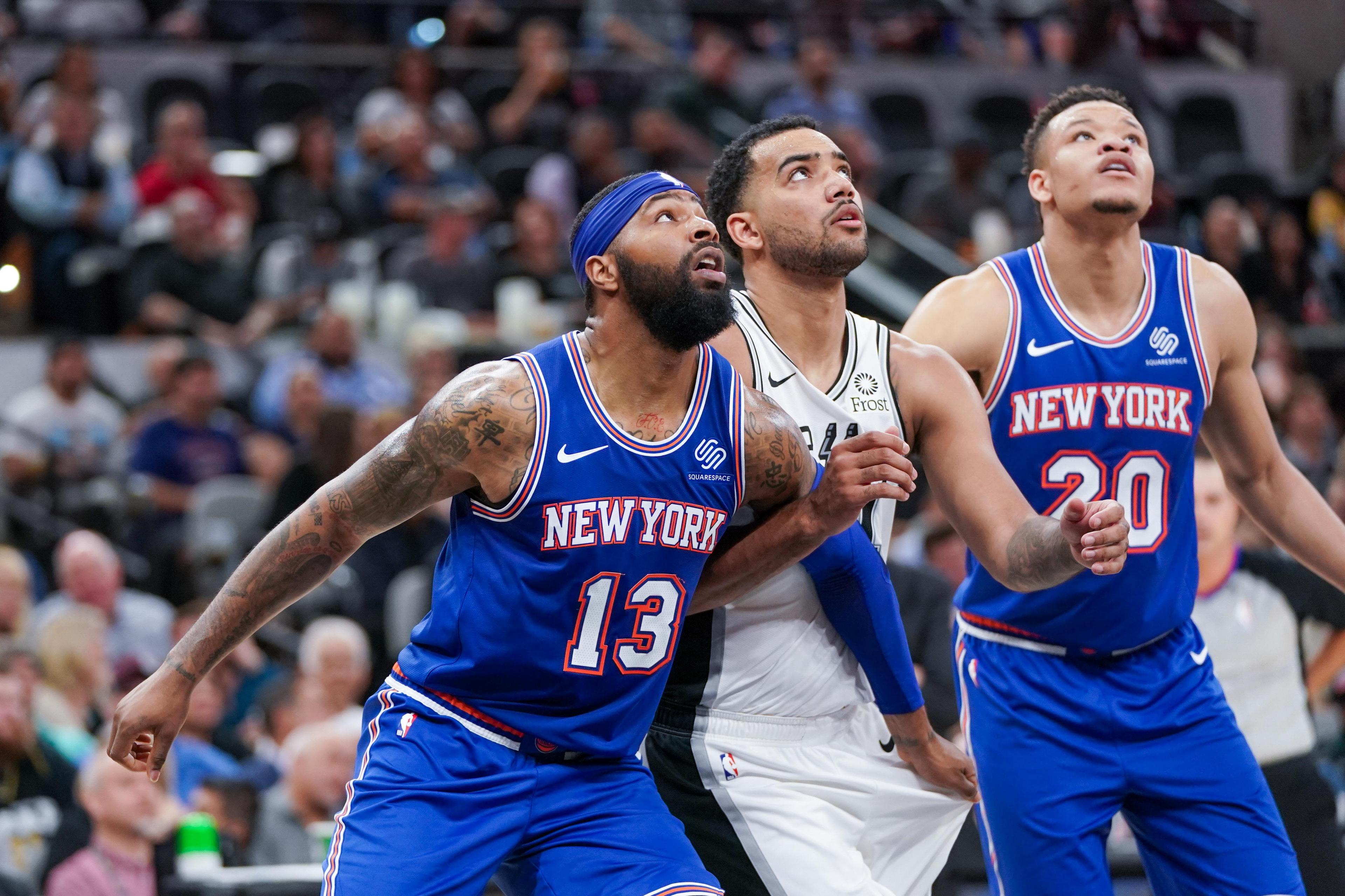 Oct 23, 2019; San Antonio, TX, USA; New York Knicks forward Marcus Morris (13) blocks out San Antonio Spurs forward Trey Lyles (41) during the first half at the AT&T Center. Mandatory Credit: Daniel Dunn-USA TODAY Sports / Daniel Dunn