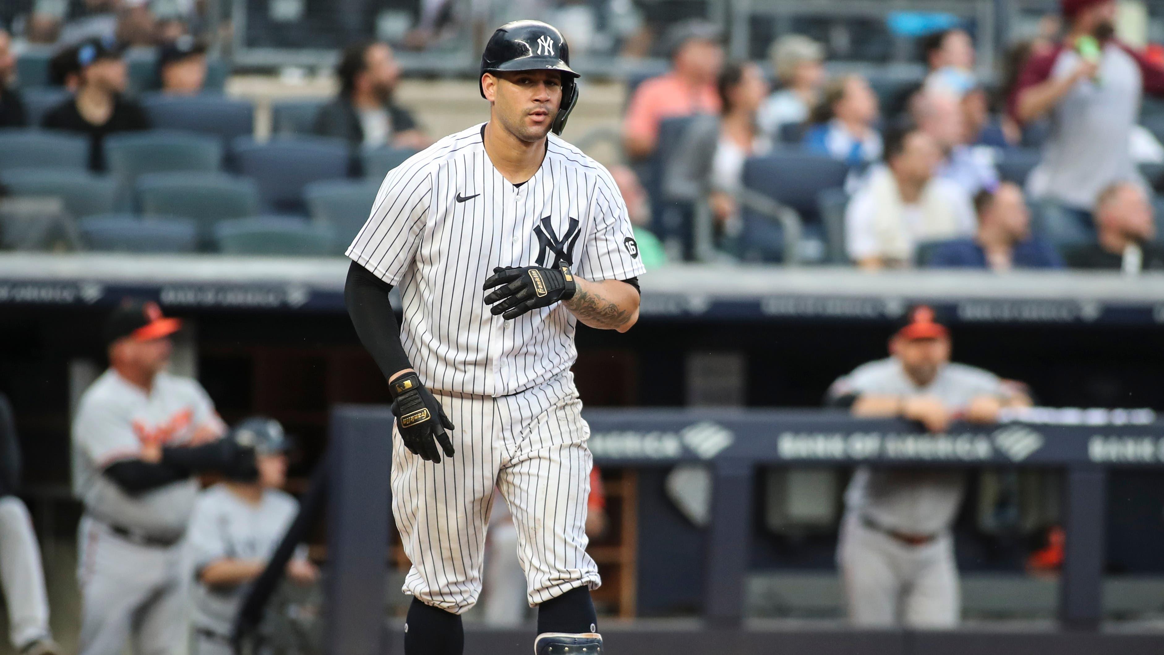 New York Yankees catcher Gary Sanchez (24) looks into the dugout after hitting a two run home run in the sixth inning against the Baltimore Orioles at Yankee Stadium. / Wendell Cruz-USA TODAY Sports