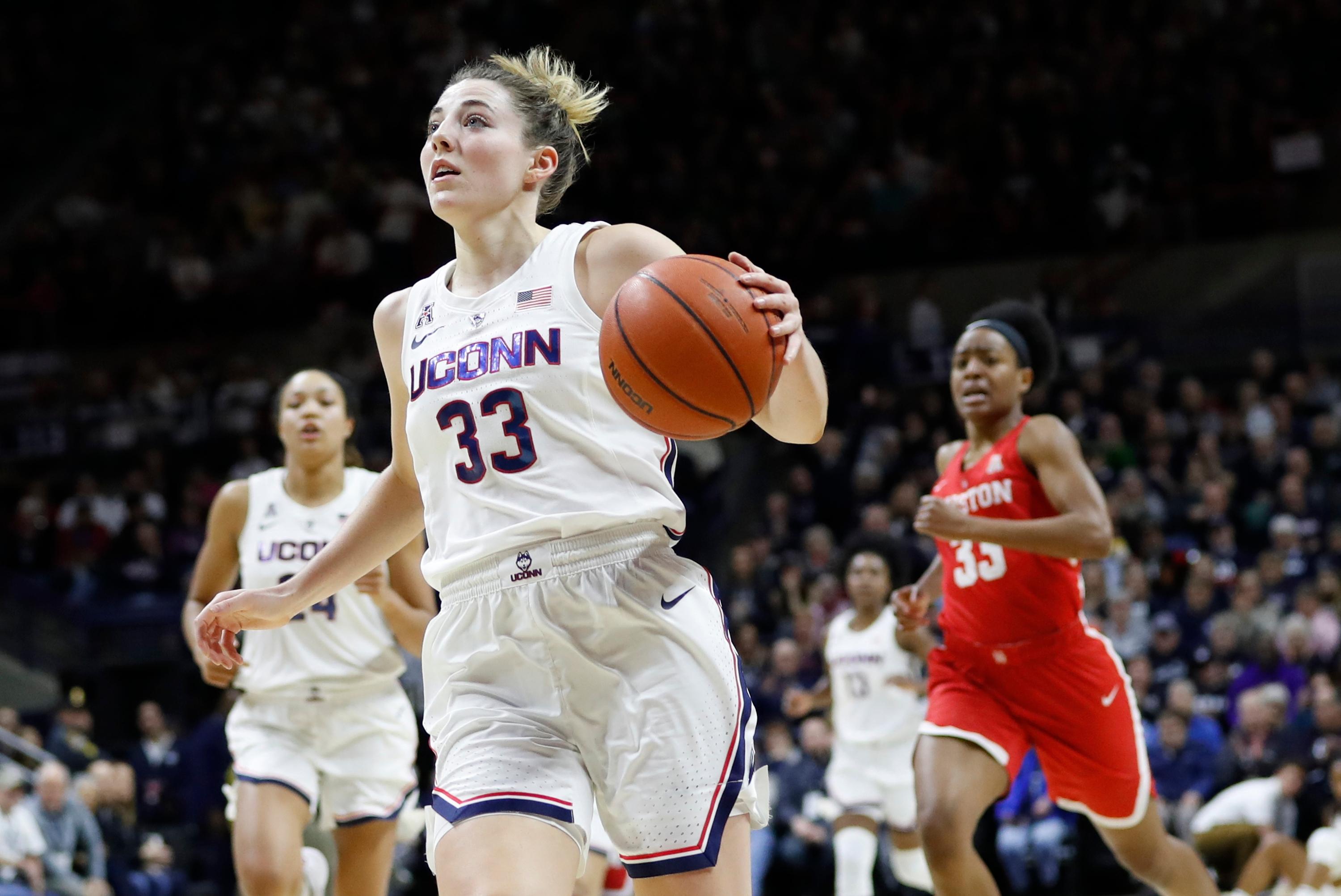 Mar 2, 2019; Storrs, CT, USA; UConn Huskies guard Katie Lou Samuelson (33) drives the basket against the Houston Cougars in the first half at Gampel Pavilion. Mandatory Credit: David Butler II-USA TODAY Sports