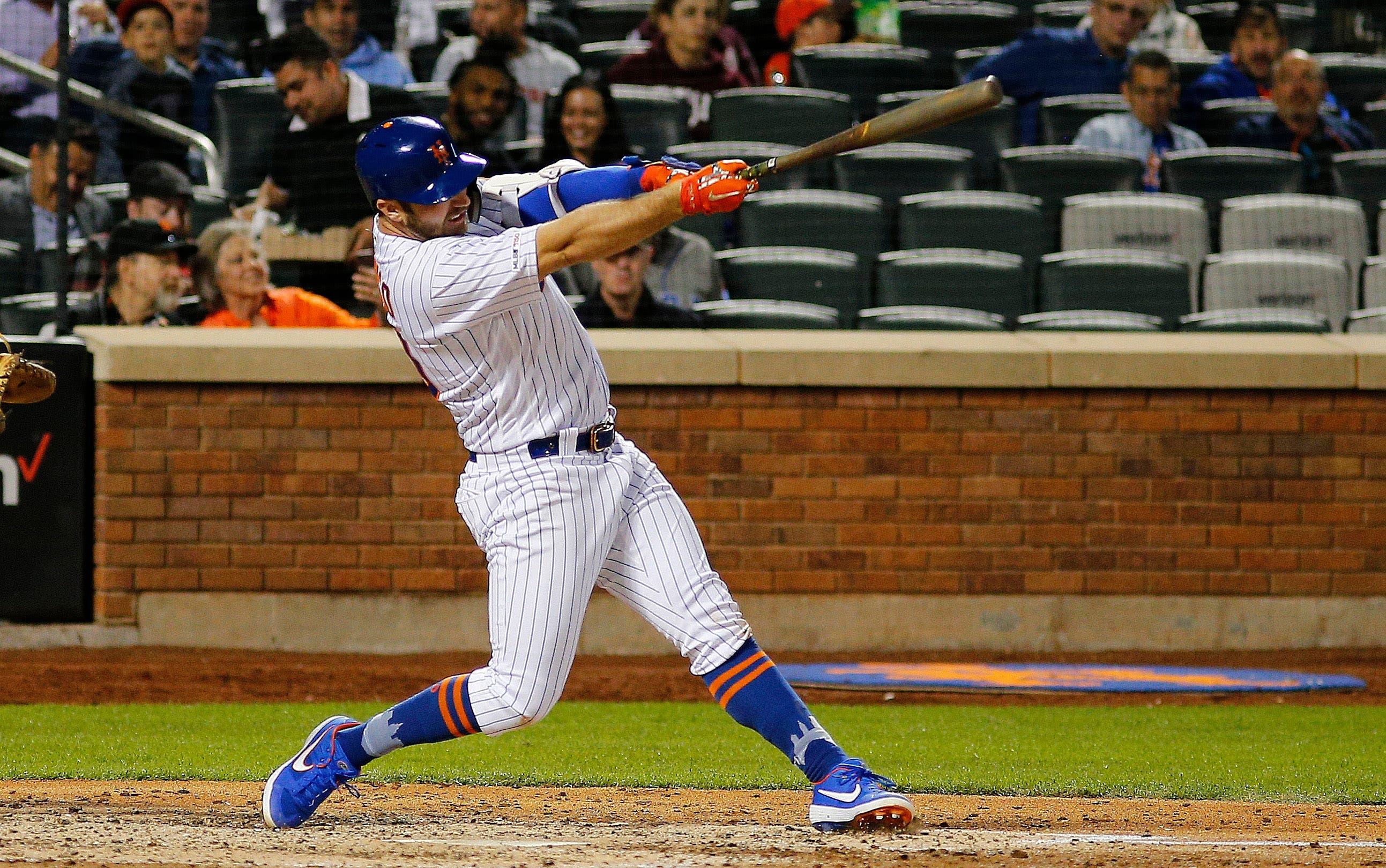 Jun 4, 2019; New York City, NY, USA; New York Mets first baseman Pete Alonso (20) hits a solo home run against the San Francisco Giants during the sixth inning at Citi Field. Mandatory Credit: Andy Marlin-USA TODAY Sports / Andy Marlin