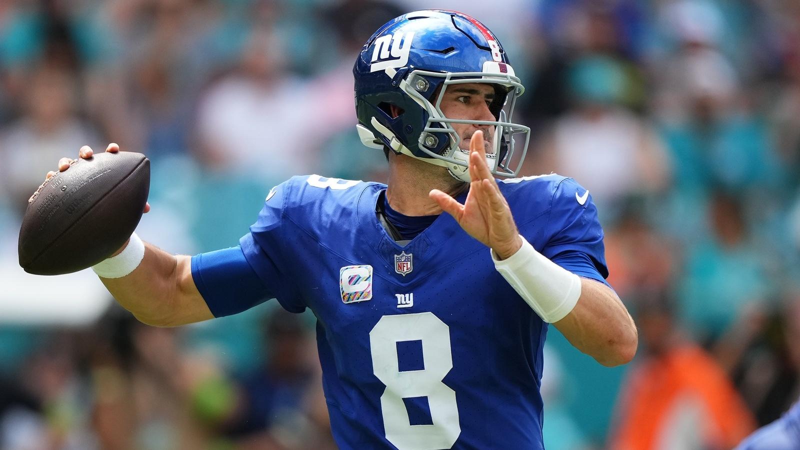 Oct 8, 2023; Miami Gardens, Florida, USA; New York Giants quarterback Daniel Jones (8) attempts a pass agianst the Miami Dolphins during the first half at Hard Rock Stadium.