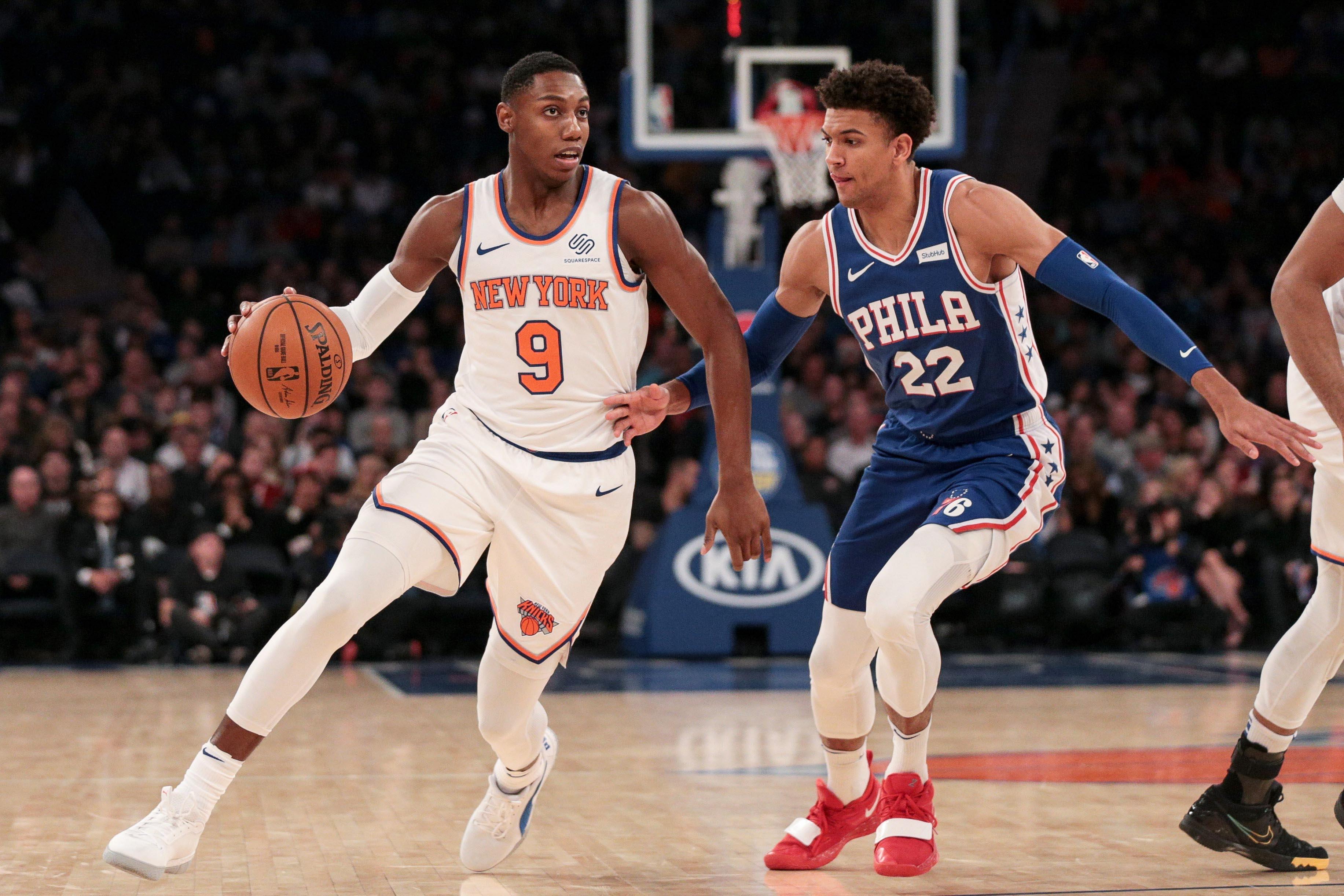 Nov 29, 2019; New York, NY, USA; New York Knicks forward RJ Barrett (9) dribbles as Philadelphia 76ers guard Matisse Thybulle (22) defends during the first quarter at Madison Square Garden. Mandatory Credit: Vincent Carchietta-USA TODAY Sports