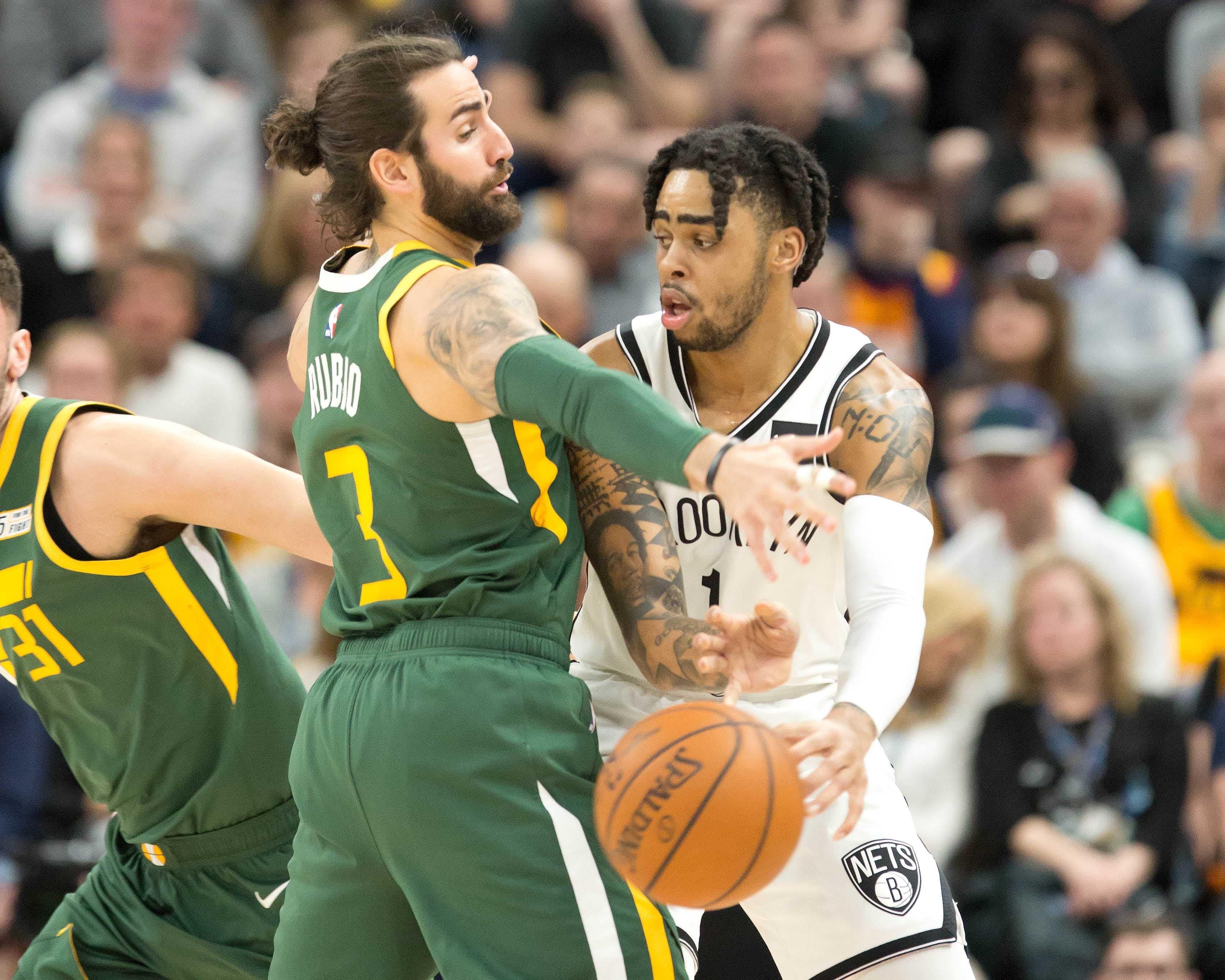 Mar 16, 2019; Salt Lake City, UT, USA; Utah Jazz guard Ricky Rubio (3) defends against Brooklyn Nets guard D'Angelo Russell (1) during the first half at Vivint Smart Home Arena. Mandatory Credit: Russ Isabella-USA TODAY Sports / Russell Isabella