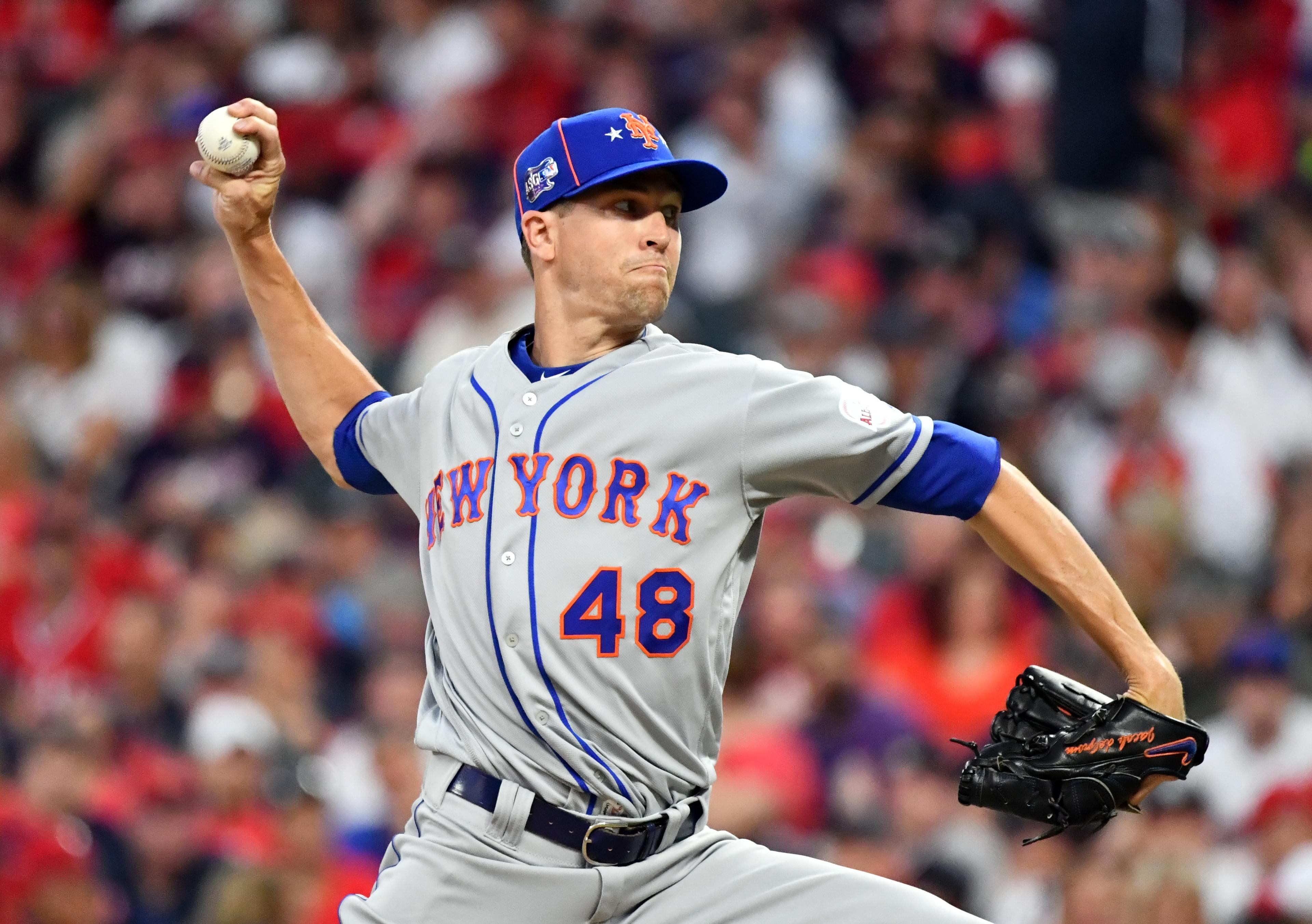 Jul 9, 2019; Cleveland, OH, USA; National League pitcher Jacob deGrom (48) of the New York Mets throws against the American League during the third inning in the 2019 MLB All Star Game at Progressive Field. Mandatory Credit: Ken Blaze-USA TODAY Sports