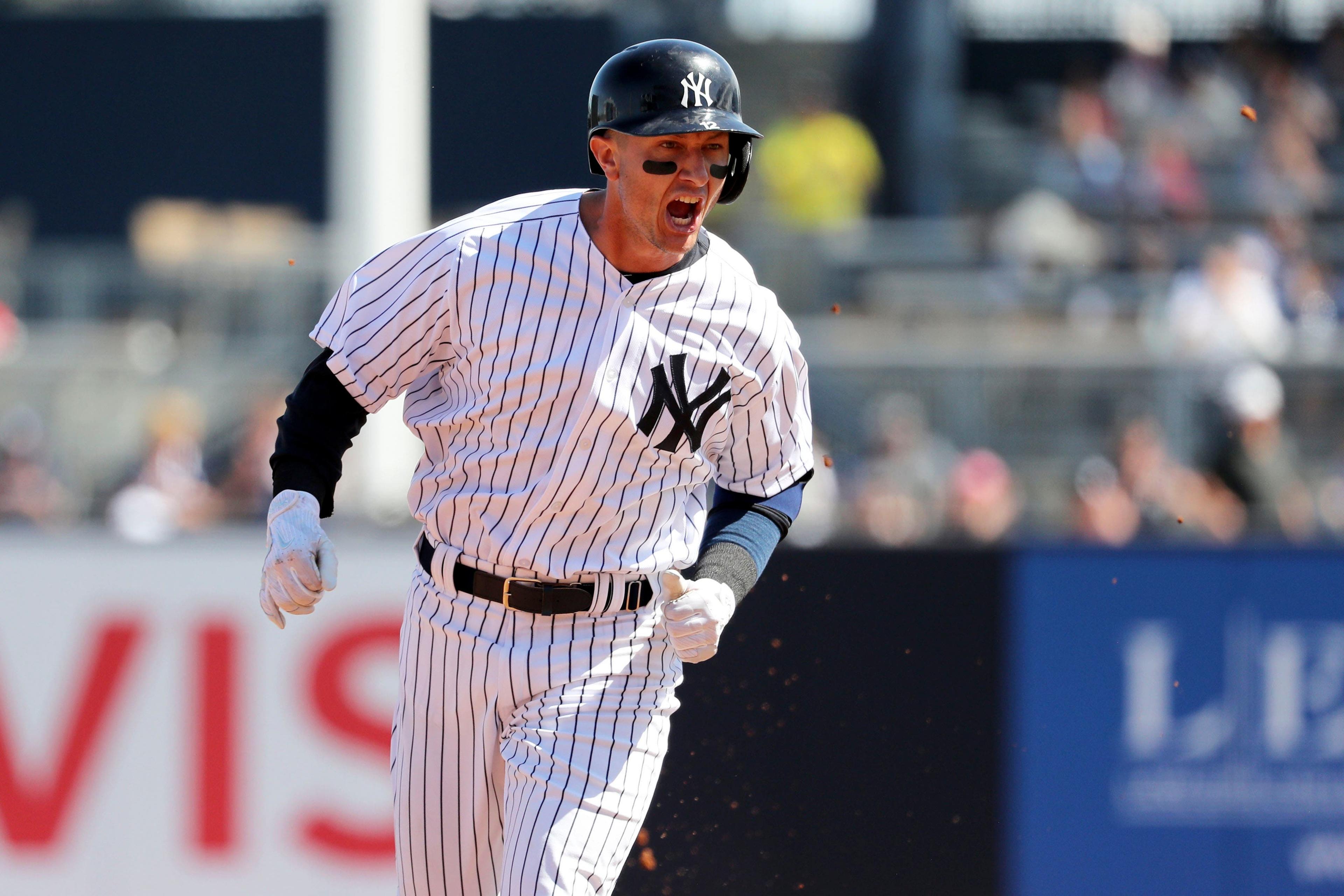 Feb 25, 2019; Tampa, FL, USA;New York Yankees shortstop Troy Tulowitzki (12) celebrates after hitting a home run during the first inning against the Toronto Blue Jays at George M. Steinbrenner Field. Mandatory Credit: Kim Klement-USA TODAY Sports / Kim Klement