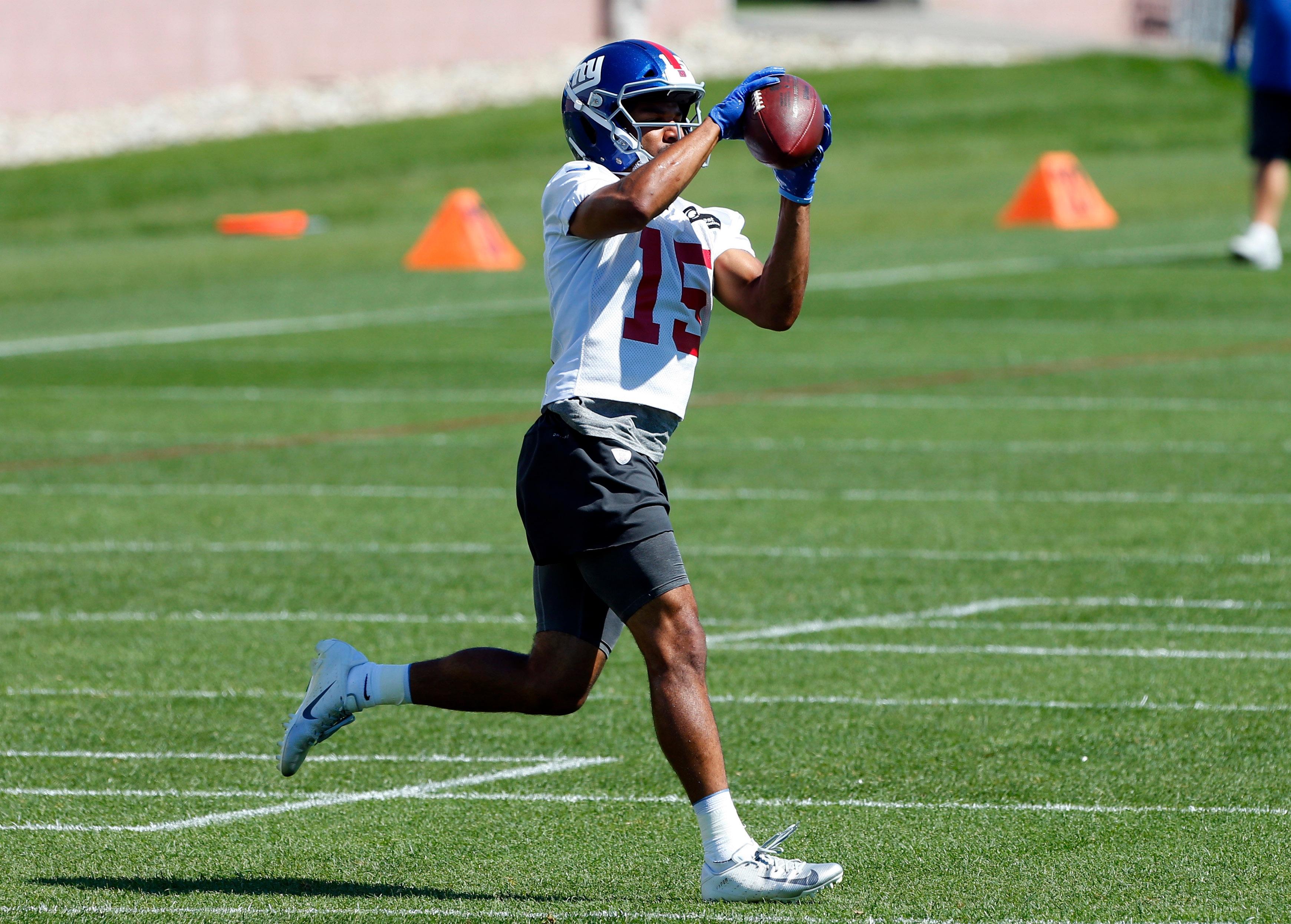 Jun 4, 2019; East Rutherford, NJ, USA; New York Giants wide receiver Golden Tate makes a catch during mini camp at Quest Diagnostic Training Center. Mandatory Credit: Noah K. Murray-USA TODAY Sports