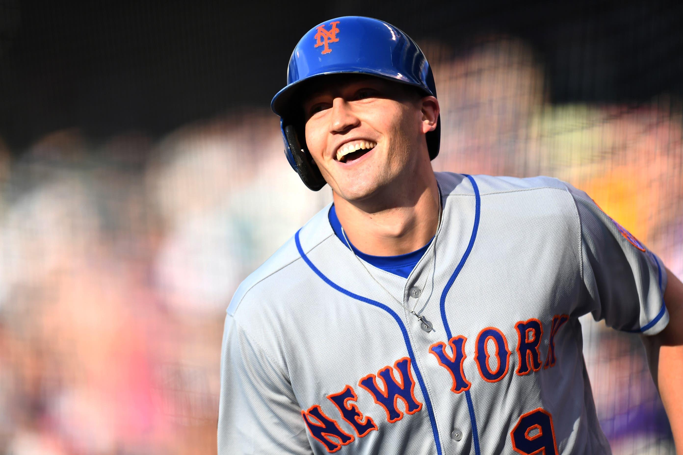 Jun 18, 2018; Denver, CO, USA; New York Mets center fielder Brandon Nimmo (9) reacts after his inside the park home run in the first inning against the Colorado Rockies at Coors Field. Mandatory Credit: Ron Chenoy-USA TODAY Sports / Ron Chenoy