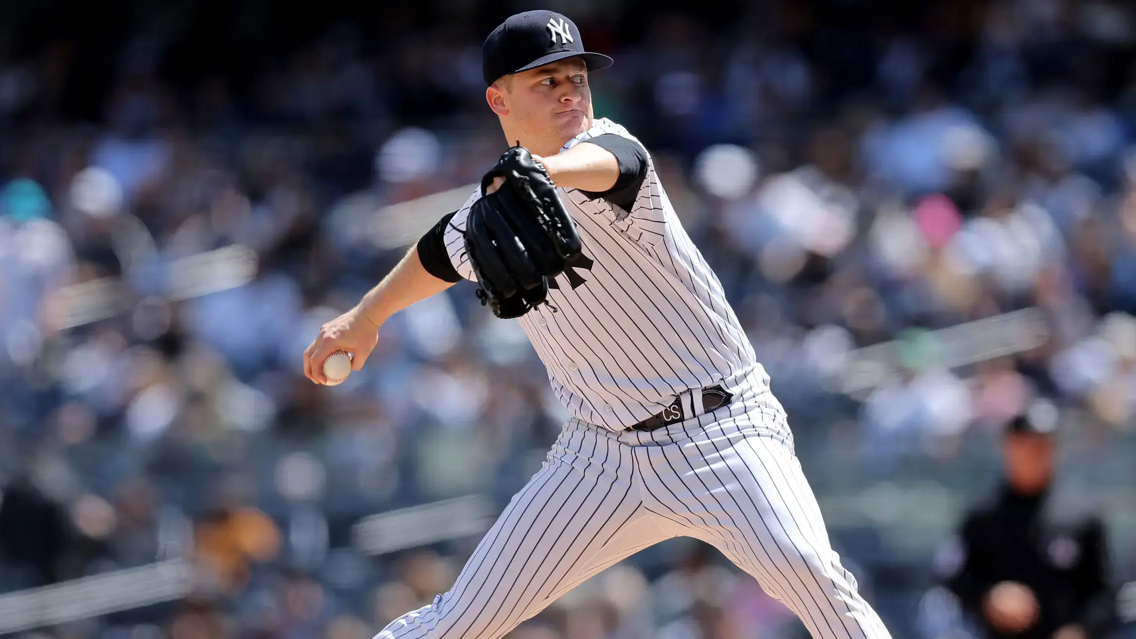 Apr 23, 2023; Bronx, New York, USA; New York Yankees starting pitcher Clarke Schmidt (36) pitches against the Toronto Blue Jays during the first inning at Yankee Stadium. / Brad Penner-USA TODAY Sports