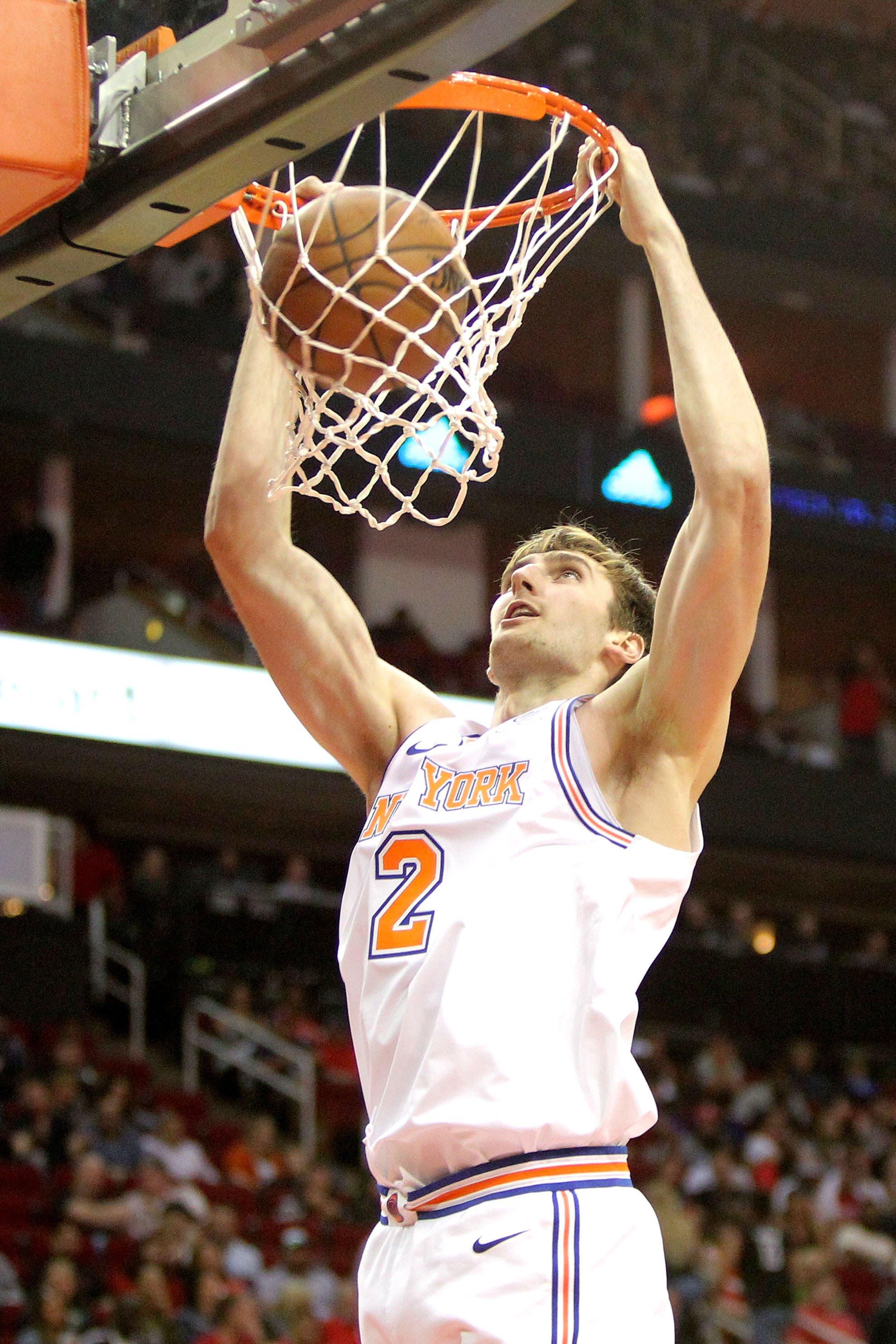 Apr 5, 2019; Houston, TX, USA; New York Knicks forward Luke Kornet (2) makes a slam dunk against the Houston Rockets during the fourth quarter at Toyota Center. Mandatory Credit: Erik Williams-USA TODAY Sports / Erik Williams