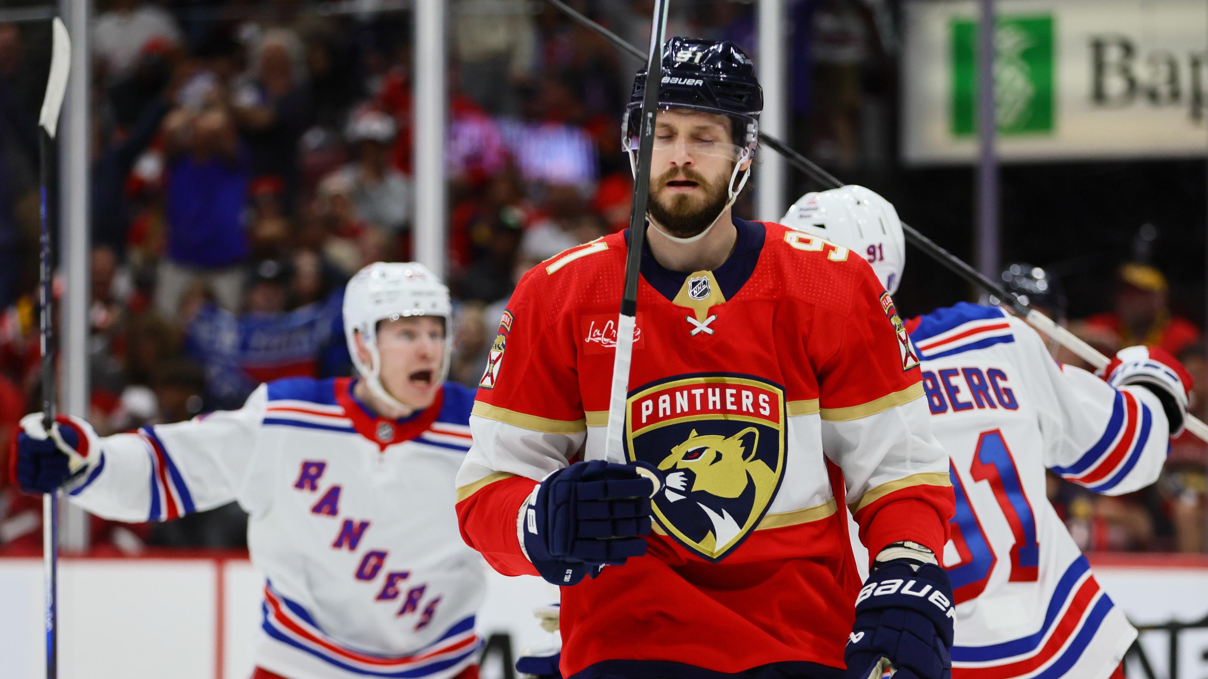 May 26, 2024; Sunrise, Florida, USA; Florida Panthers defenseman Oliver Ekman-Larsson (91) reacts after a game winning goal by New York Rangers center Alex Wennberg (91) during overtime in game three of the Eastern Conference Final of the 2024 Stanley Cup Playoffs at Amerant Bank Arena. Mandatory Credit: Sam Navarro-USA TODAY Sports / © Sam Navarro-USA TODAY Sports