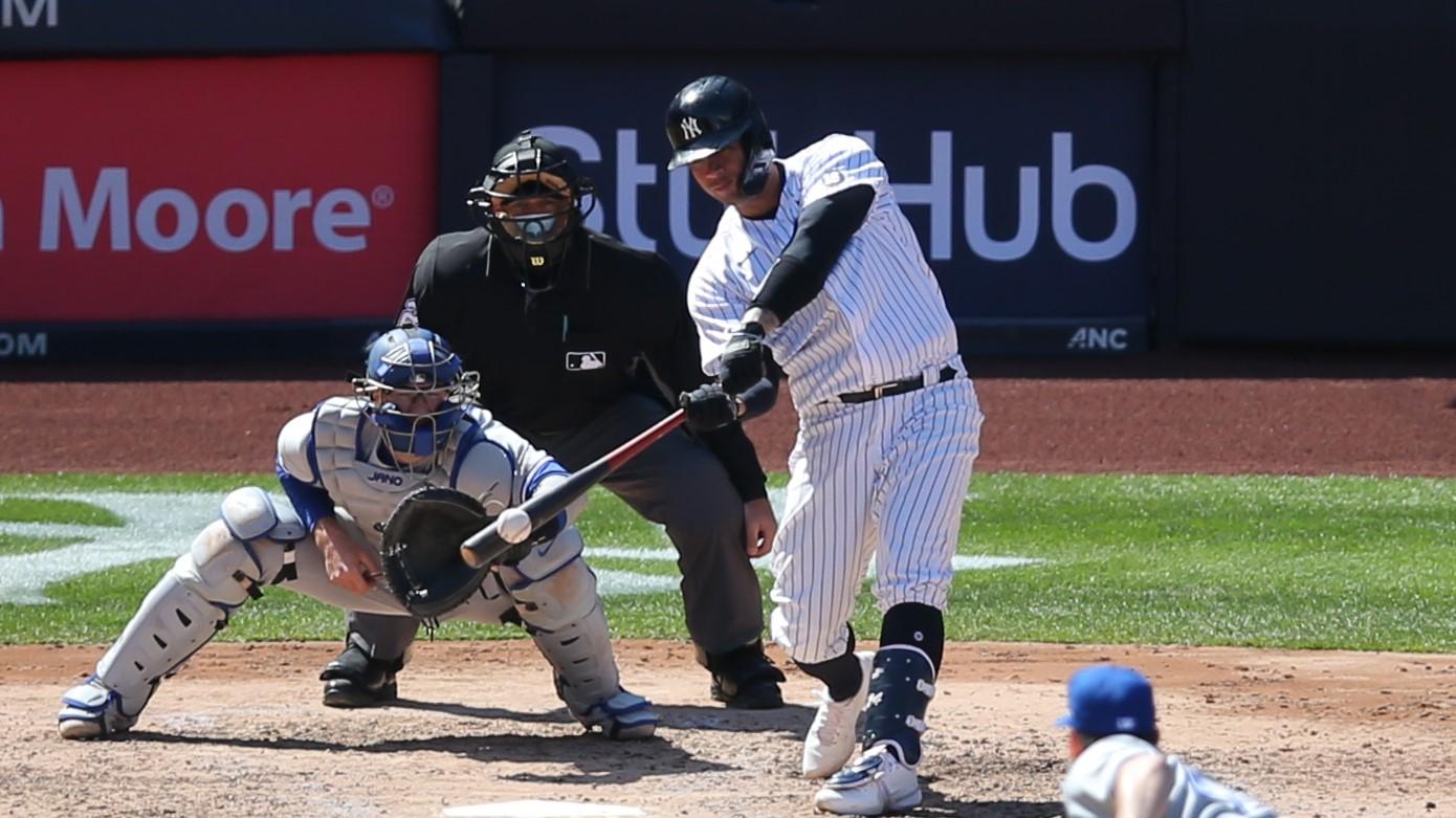Apr 3, 2021; Bronx, New York, USA; New York Yankees catcher Gary Sanchez (24) hits a solo home run against Toronto Blue Jays starting pitcher Ross Stripling (48) during the fourth inning at Yankee Stadium. / Brad Penner-USA TODAY Sports
