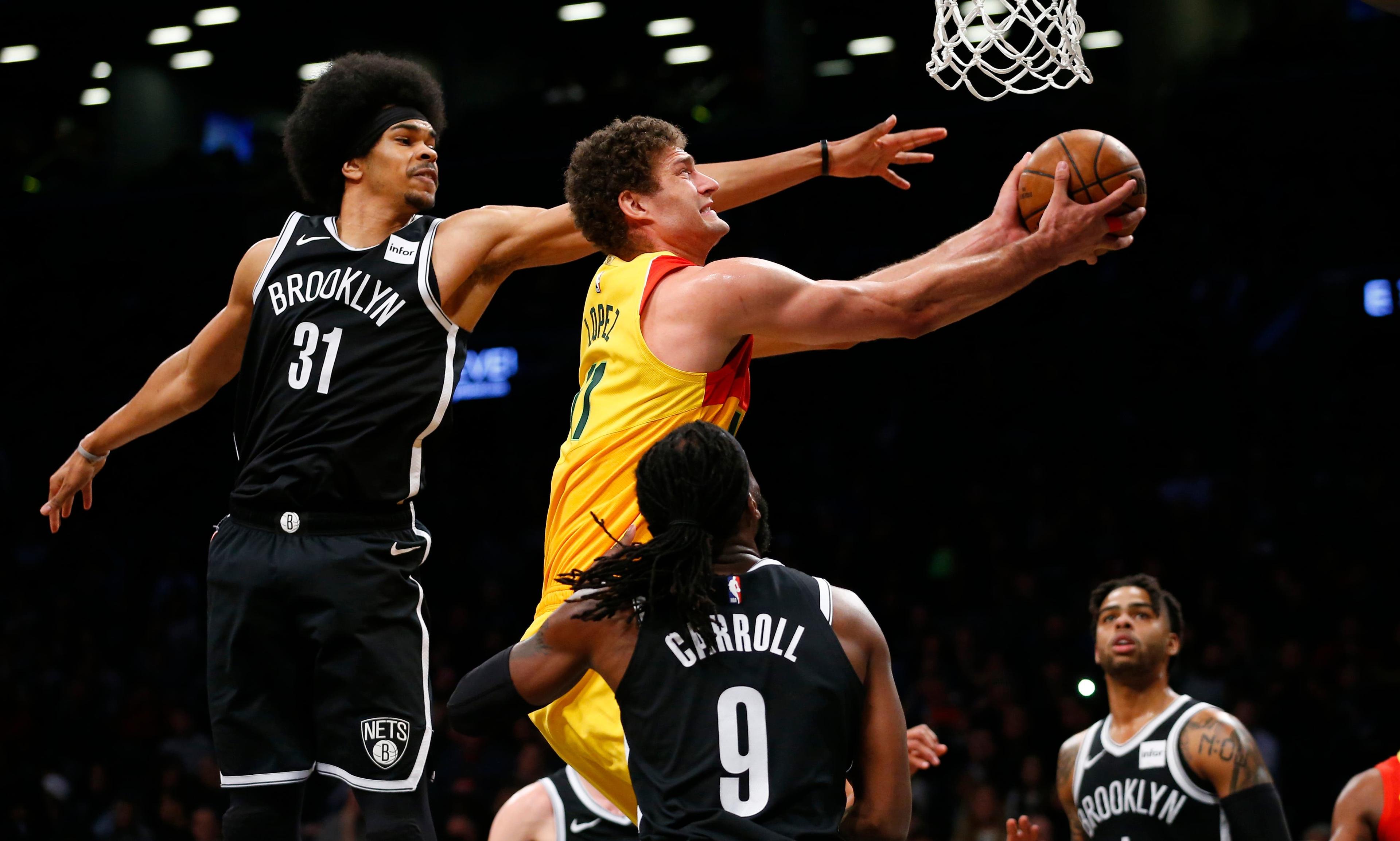 Apr 1, 2019; Brooklyn, NY, USA; Milwaukee Bucks center Brook Lopez (11) shoots the ball past Brooklyn Nets center Jarrett Allen (31) during the second half at Barclays Center. Mandatory Credit: Noah K. Murray-USA TODAY Sports / Noah K. Murray