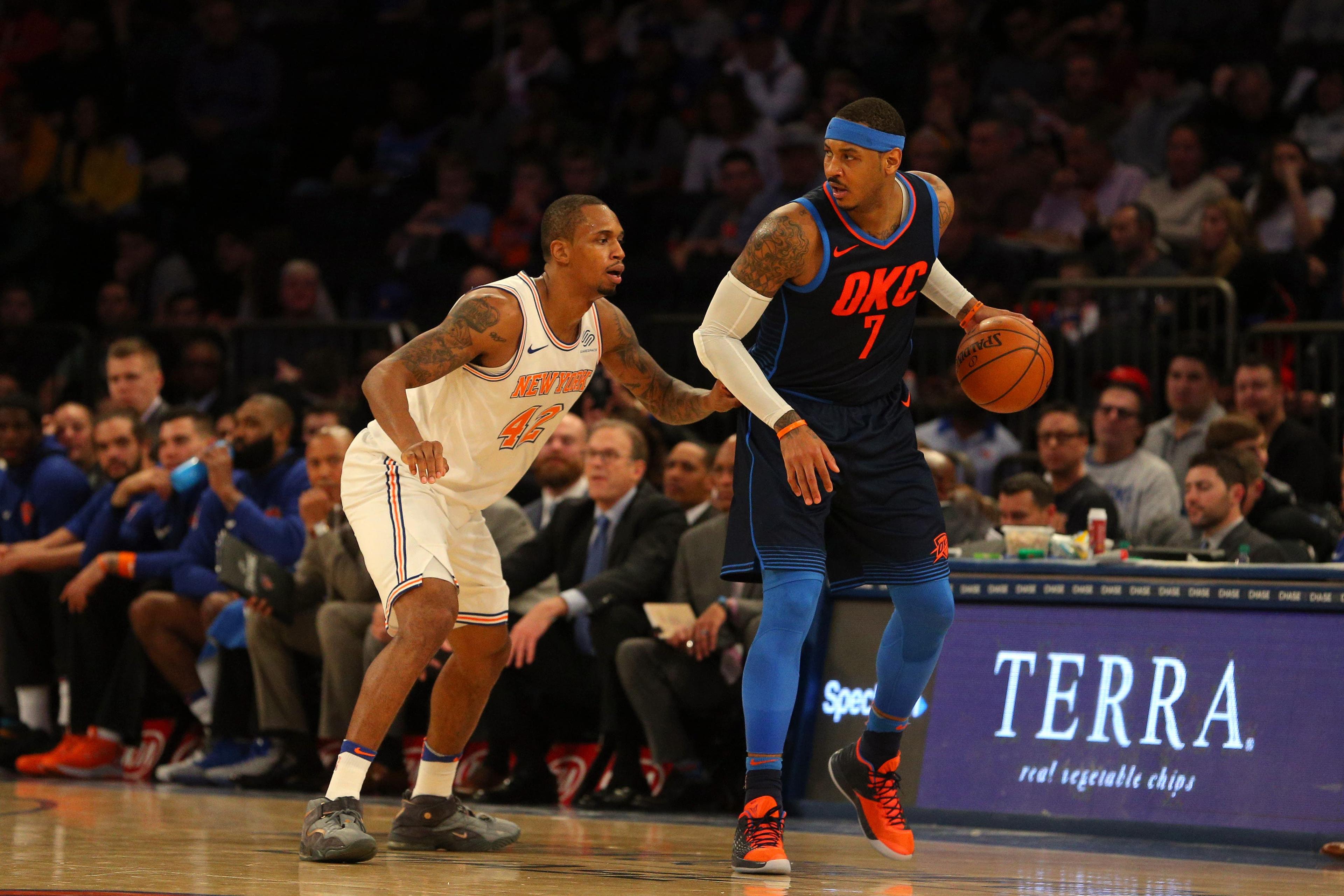 Dec 16, 2017; New York, NY, USA; Oklahoma City Thunder power forward Carmelo Anthony (7) plays the ball against New York Knicks small forward Lance Thomas (42) during the third quarter at Madison Square Garden. Mandatory Credit: Brad Penner-USA TODAY Sports / Brad Penner