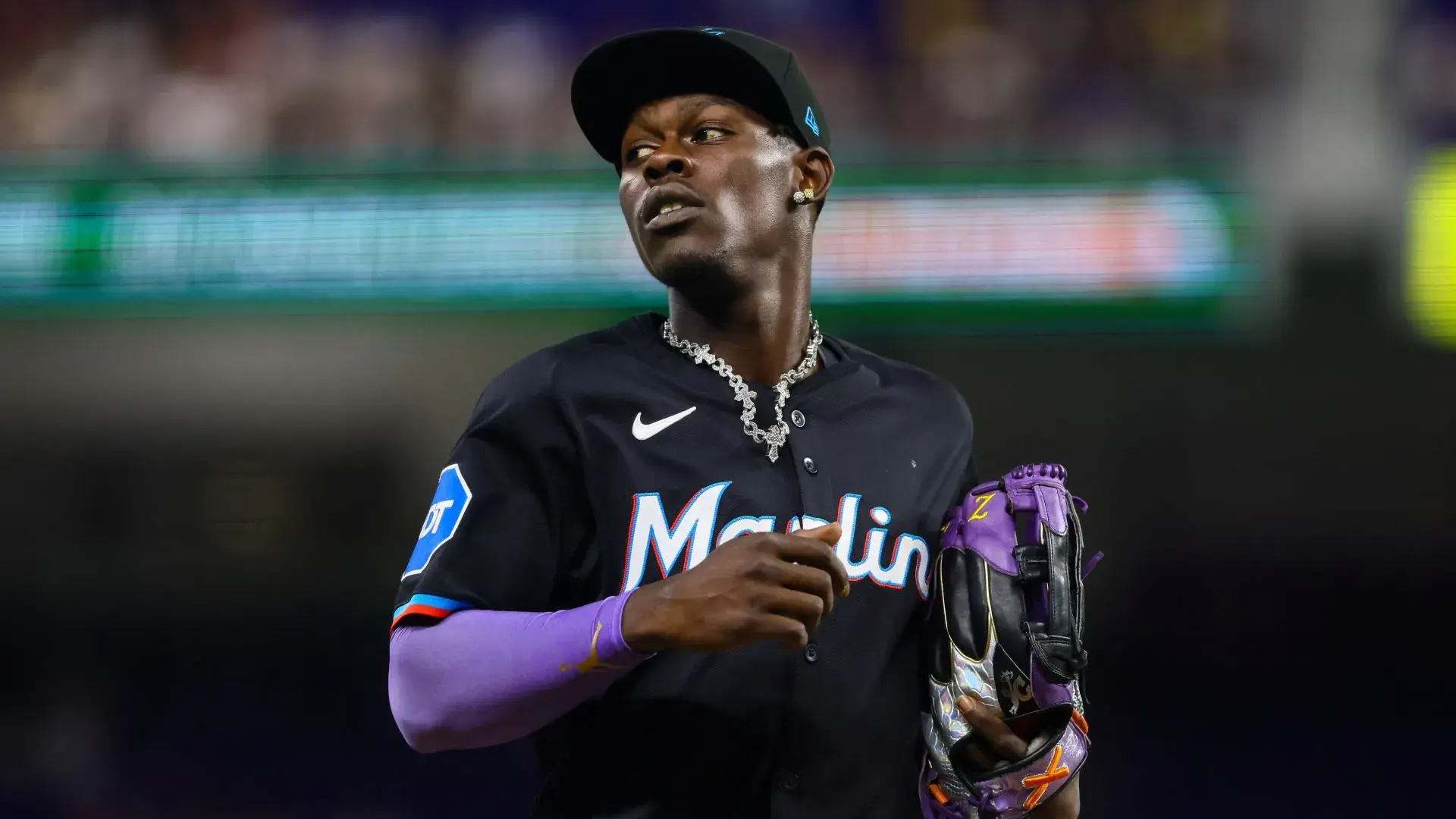 Jul 5, 2024; Miami, Florida, USA; Miami Marlins center fielder Jazz Chisholm Jr. (2) looks on against the Chicago White Sox during the first inning at loanDepot Park. / Sam Navarro-USA TODAY Sports