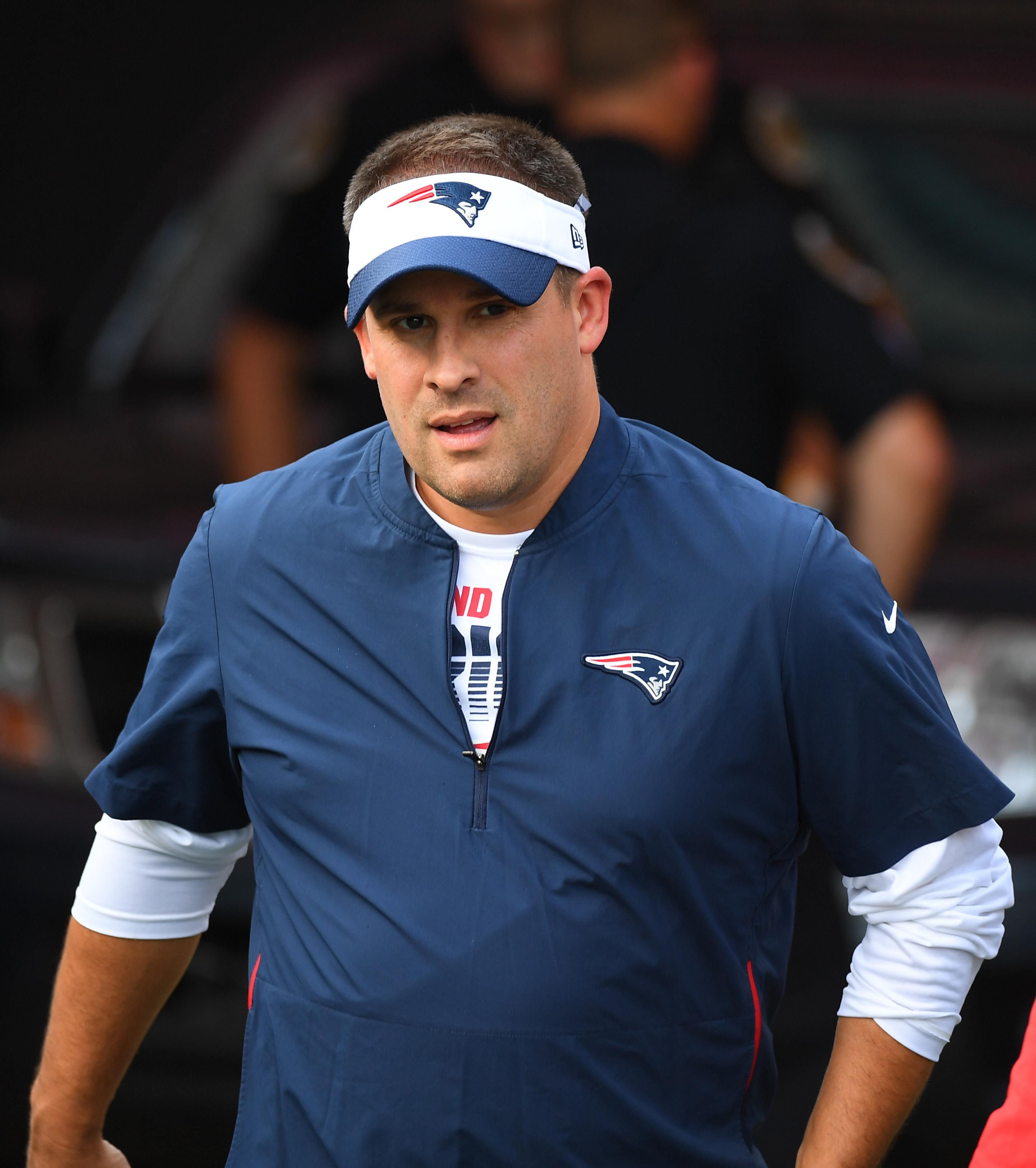 Aug 17, 2019; Nashville, TN, USA; New England Patriots offensive coordinator Josh McDaniels before the preseason game against the Tennessee Titans at Nissan Stadium. Mandatory Credit: Christopher Hanewinckel-USA TODAY Sports