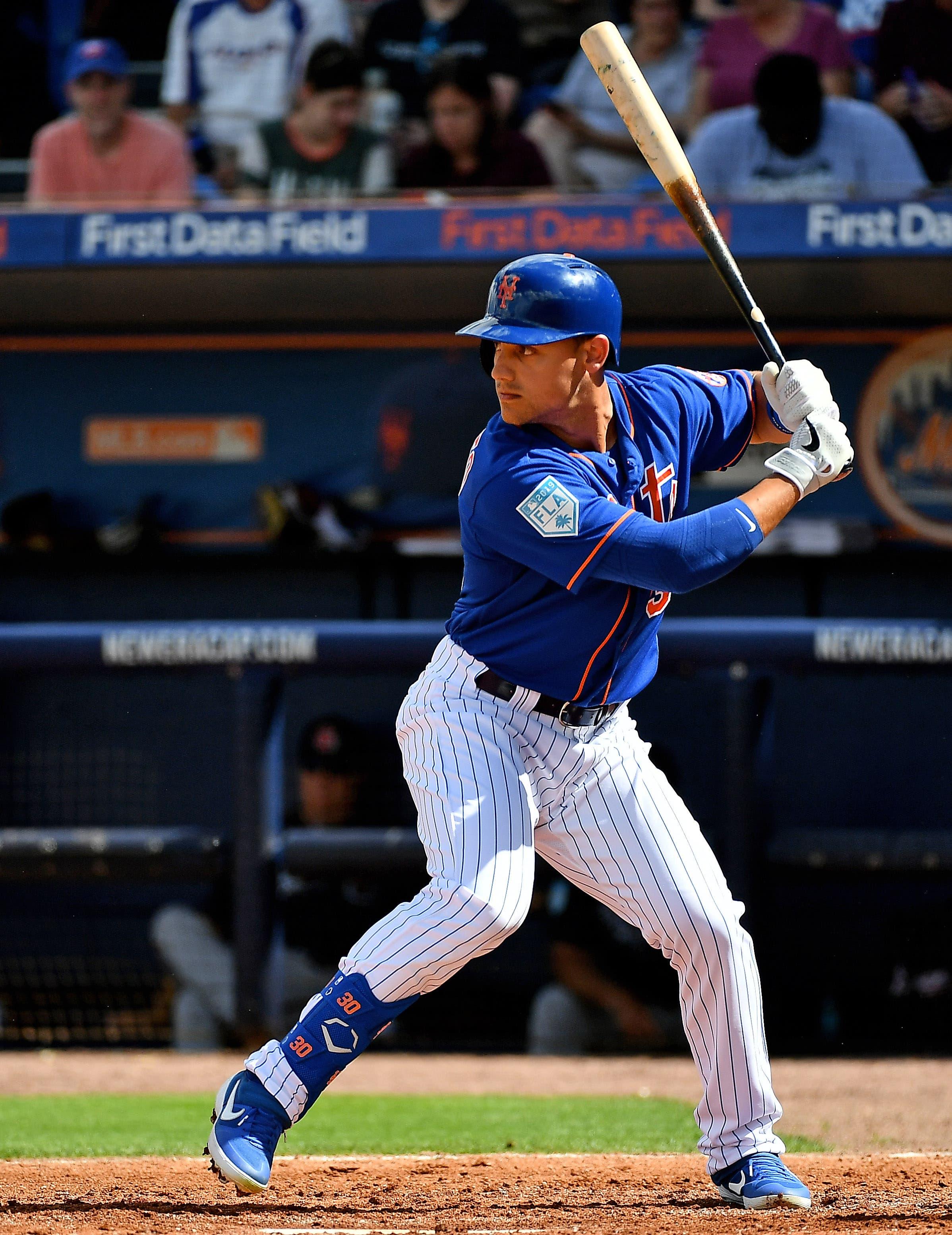 Feb 23, 2019; Port St. Lucie, FL, USA; New York Mets right fielder Michael Conforto (30) at bat in the second inning against the Atlanta Braves at First Data Field. Mandatory Credit: Jasen Vinlove-USA TODAY Sports / Jasen Vinlove