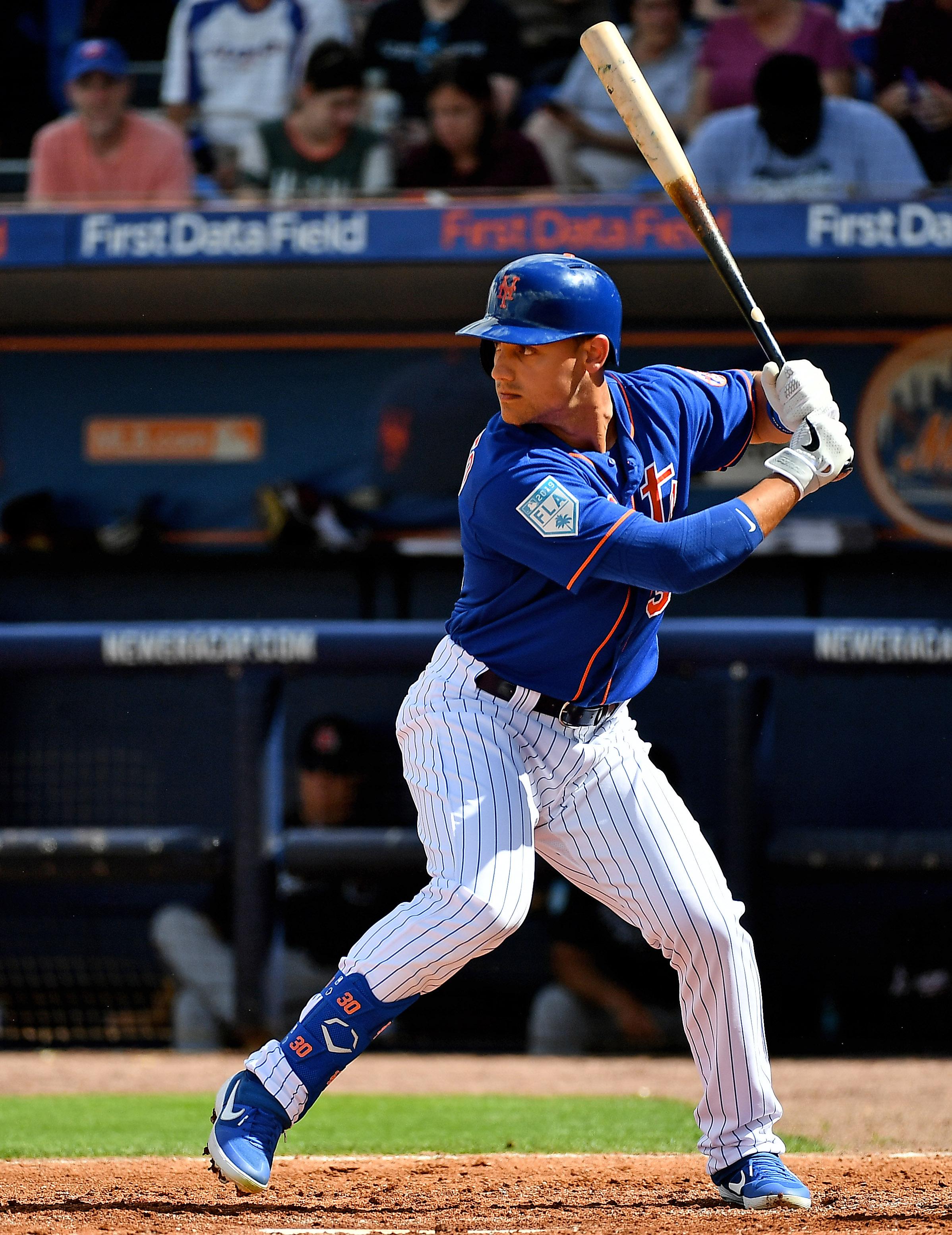 Feb 23, 2019; Port St. Lucie, FL, USA; New York Mets right fielder Michael Conforto (30) at bat in the second inning against the Atlanta Braves at First Data Field. Mandatory Credit: Jasen Vinlove-USA TODAY Sports