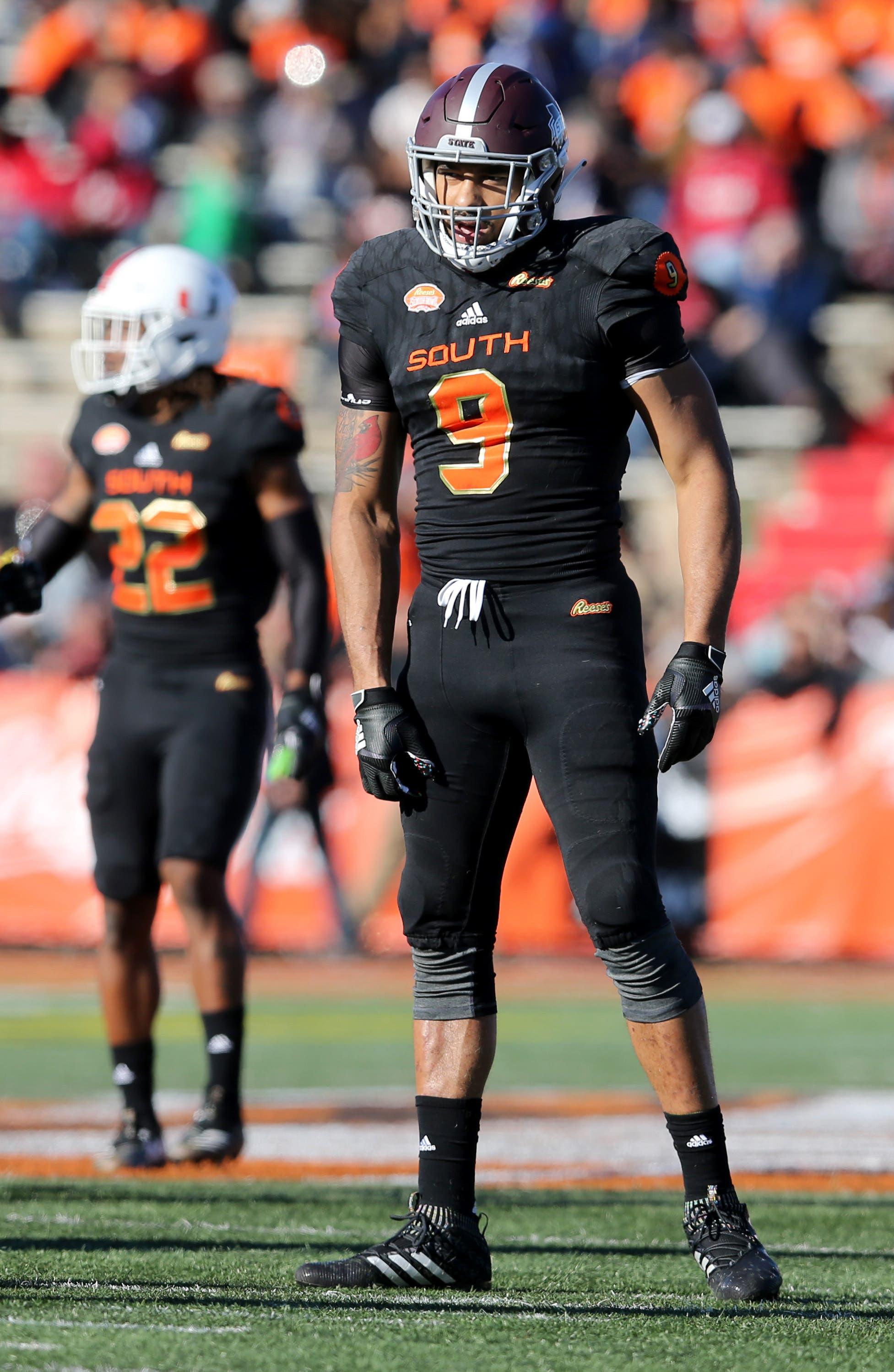 Jan 26, 2019; Mobile, AL, United States; South defensive end Montez Sweat of Mississippi State (9) in the second quarter of the Senior Bowl at Ladd-Peebles Stadium. Mandatory Credit: Chuck Cook-USA TODAY Sports / Chuck Cook