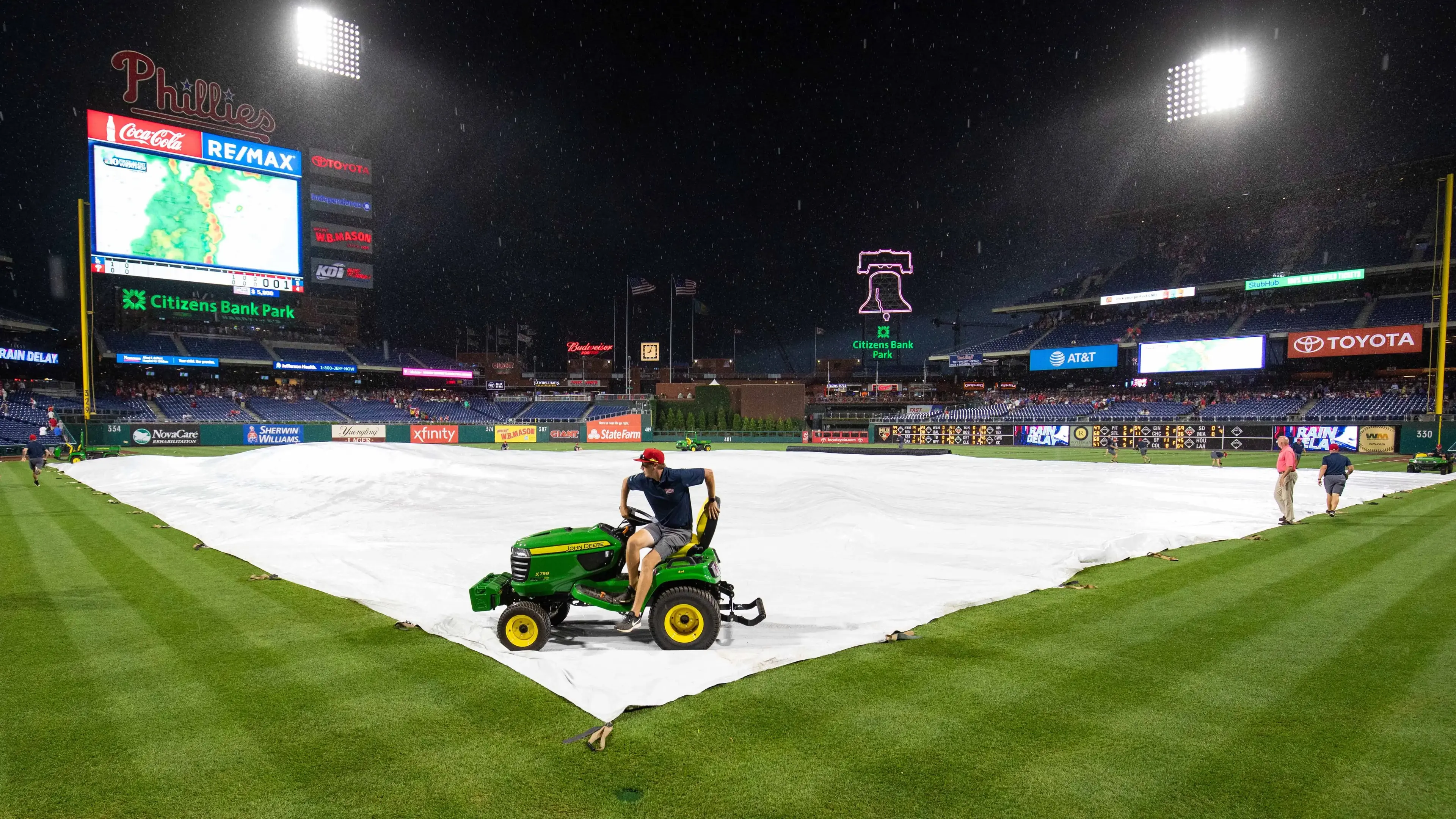 Jul 17, 2019; Philadelphia, PA, USA; Philadelphia Phillies grounds crew cover the infield during a rain delay in the third inning against the Los Angeles Dodgers at Citizens Bank Park. Mandatory Credit: Bill Streicher-USA TODAY Sports / Bill Streicher-USA TODAY Sports