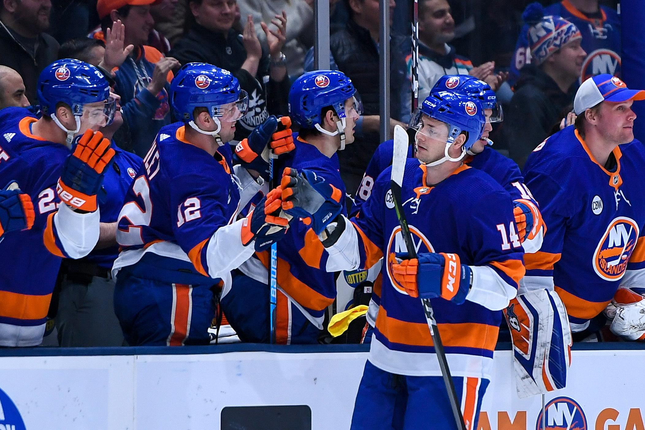 Mar 1, 2019; Uniondale, NY, USA; New York Islanders right wing Tom Kuhnhackl (14) celebrates with teammates after scoring a goal against the Washington Capitals during the first period at Nassau Veterans Memorial Coliseum. Mandatory Credit: Dennis Schneidler-USA TODAY Sports 