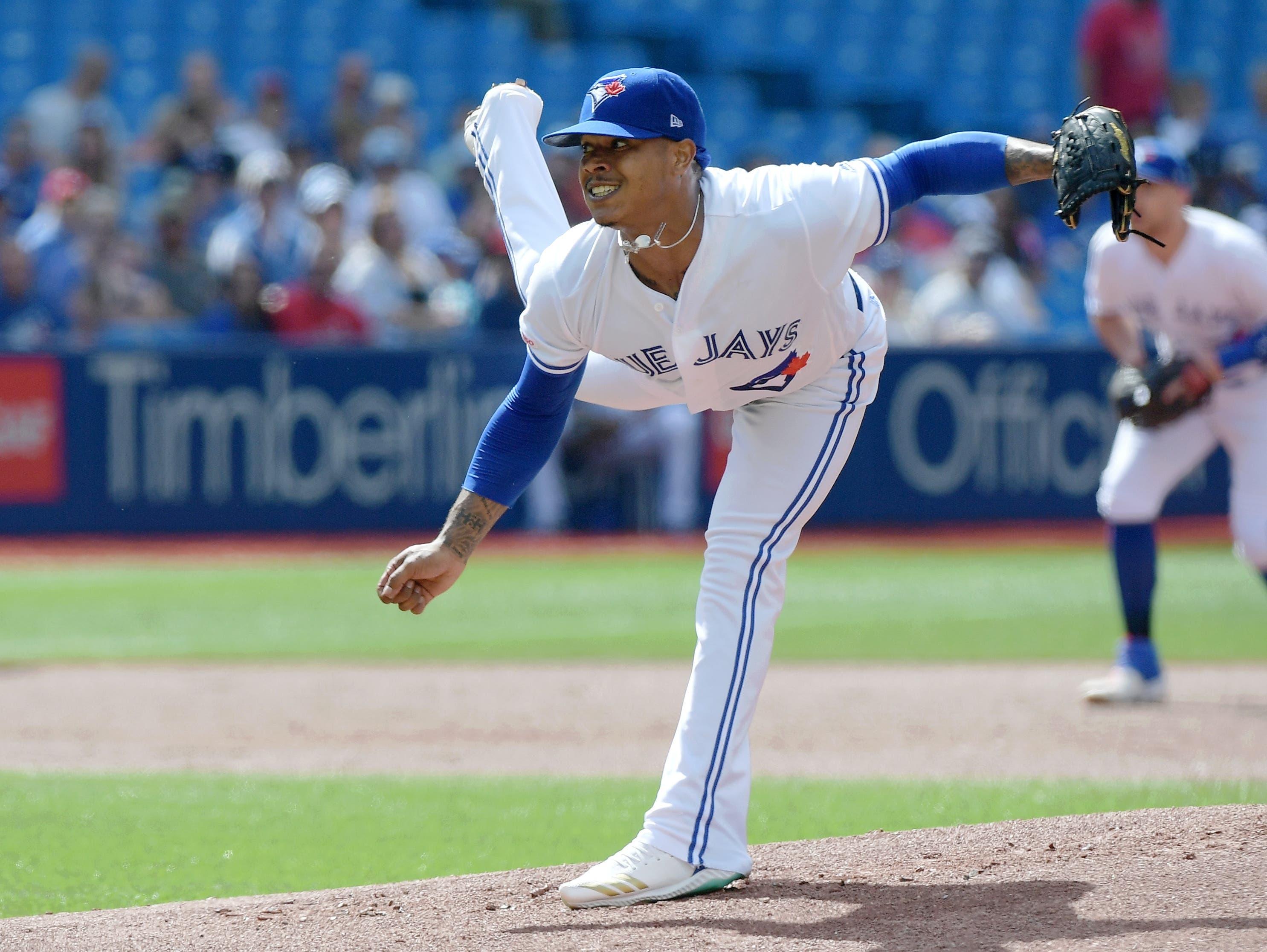 Jun 29, 2019; Toronto, Ontario, CAN; Toronto Blue Jays starting pitcher Marcus Stroman (6) delivers a pitch against Kansas City Royals in the first inning at Rogers Centre. Mandatory Credit: Dan Hamilton-USA TODAY Sports / Dan Hamilton