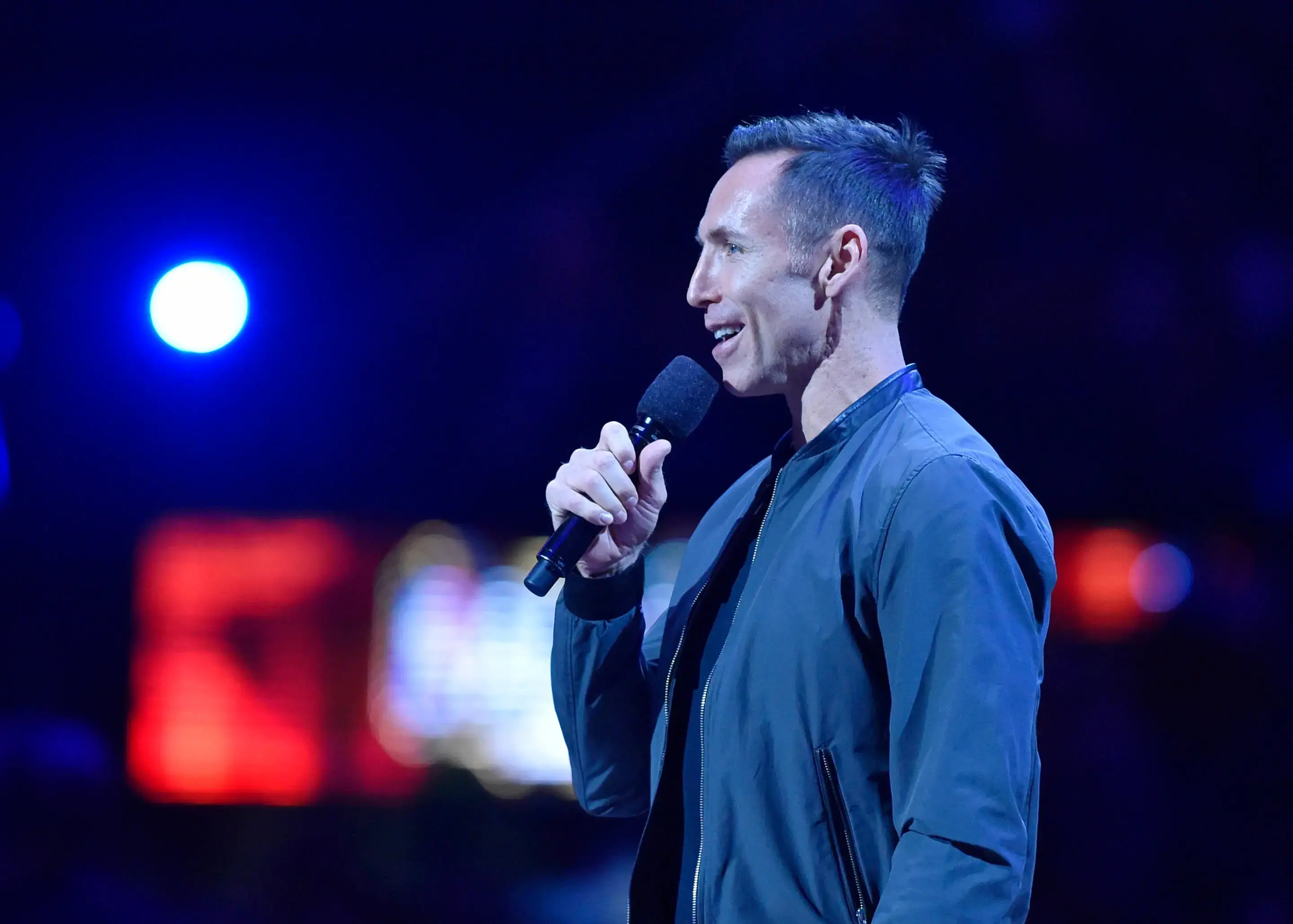 Feb 14, 2016; Toronto, Ontario, CAN; Steve Nash addresses the crowd before the NBA All Star Game at Air Canada Centre. / Bob Donnan-USA TODAY Sports