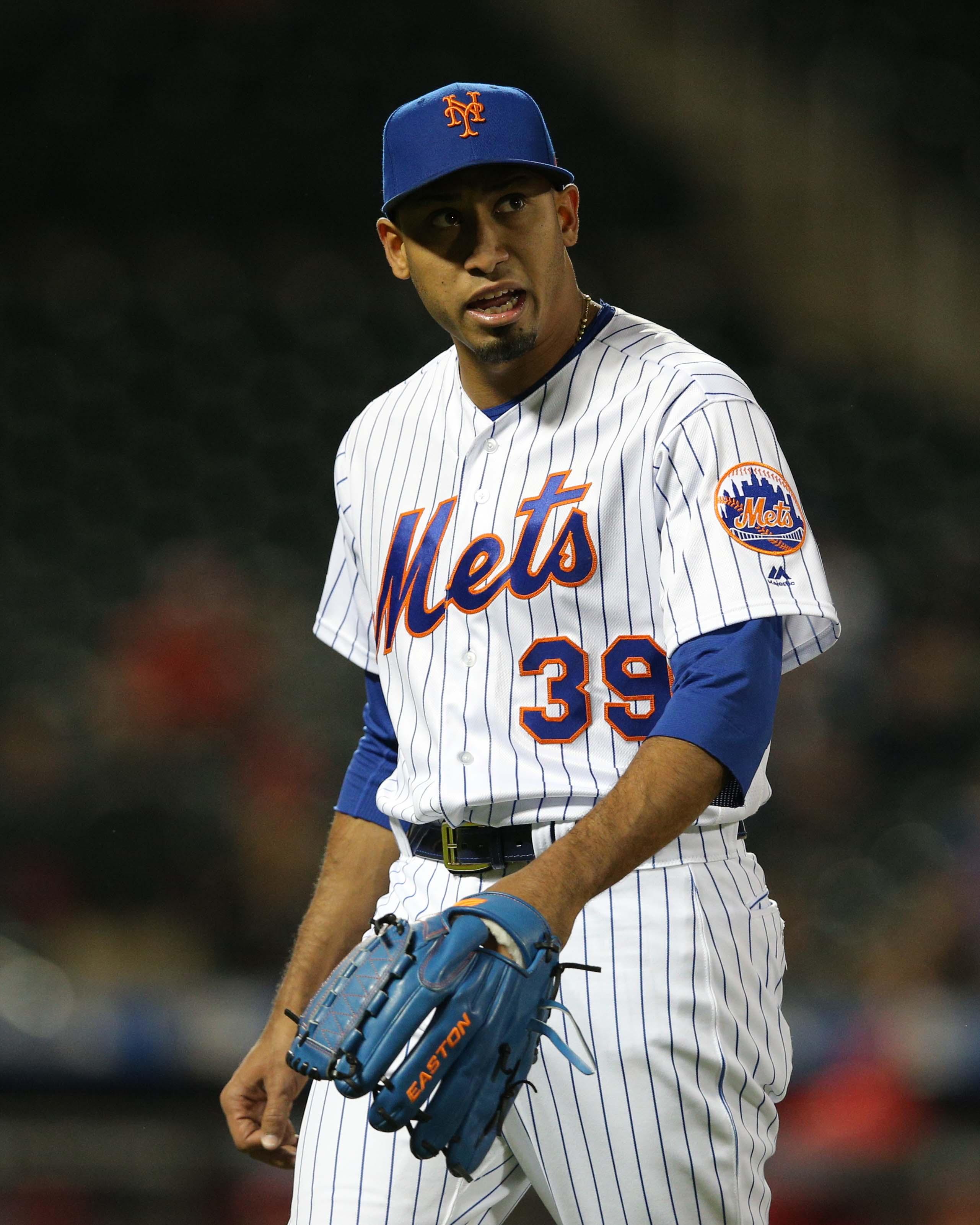 New York Mets relief pitcher Edwin Diaz reacts during the ninth inning against the Cincinnati Reds at Citi Field.