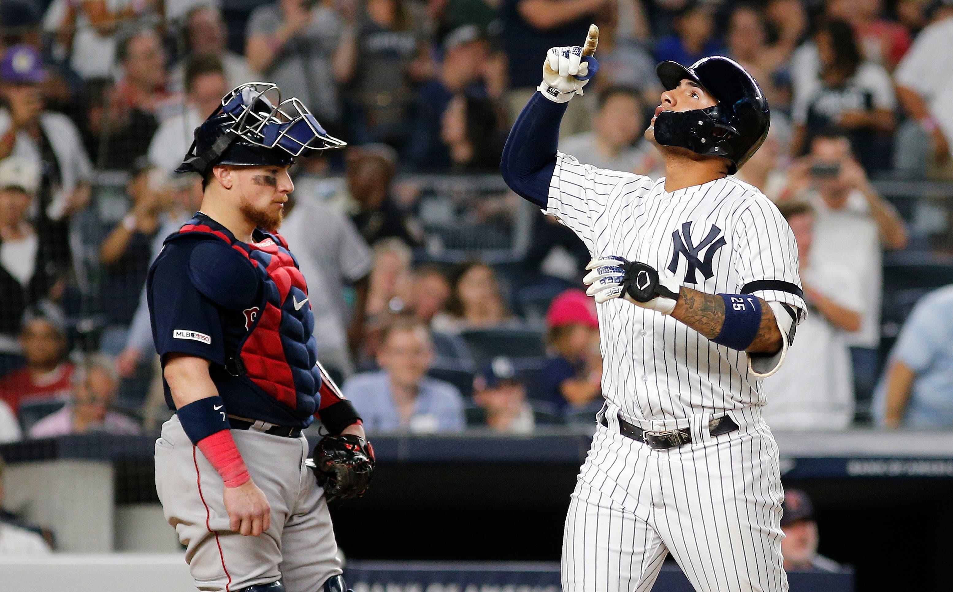 Aug 3, 2019; Bronx, NY, USA; New York Yankees shortstop Gleyber Torres (25) reacts after hitting a solo home run against the Boston Red Sox during the fifth inning of game two of a doubleheader at Yankee Stadium. Mandatory Credit: Andy Marlin-USA TODAY Sports / Andy Marlin