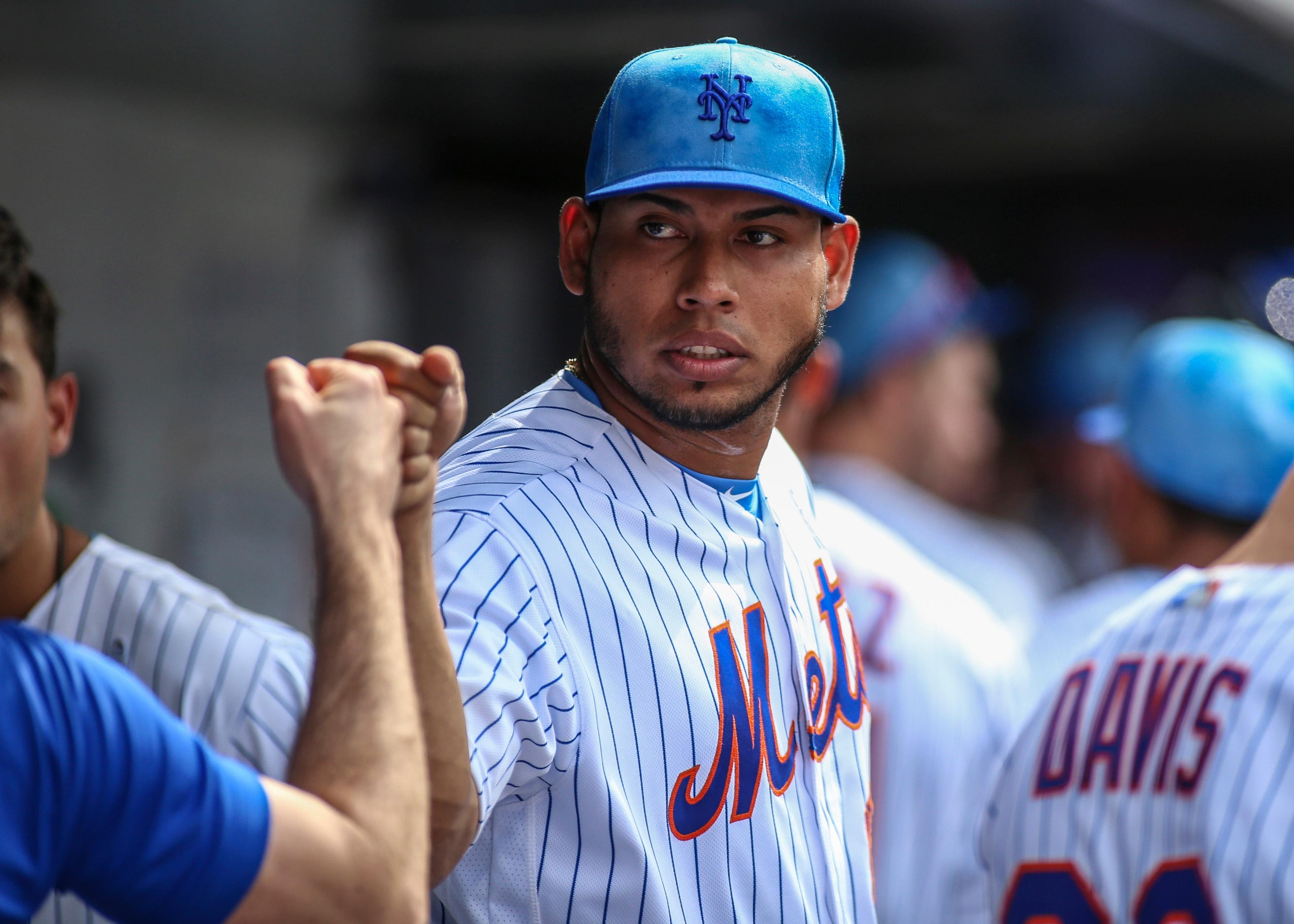 Jun 16, 2019; New York City, NY, USA; New York Mets pitcher Wilmer Font (68) reacts in the dugout after pitching against the St. Louis Cardinals in the seventh inning at Citi Field. Mandatory Credit: Wendell Cruz-USA TODAY Sports / Wendell Cruz