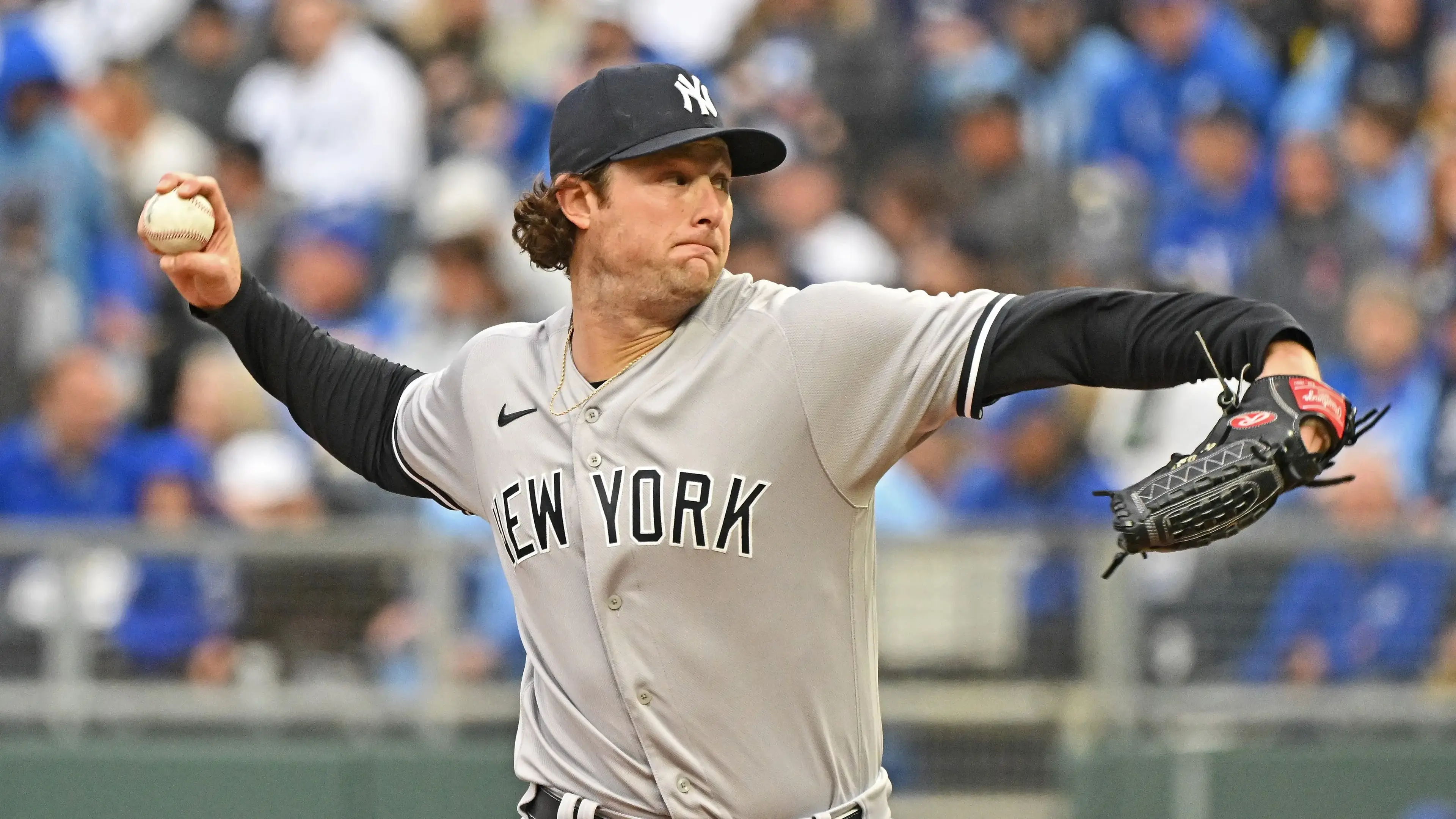 Apr 30, 2022; Kansas City, Missouri, USA; New York Yankees starting pitcher Gerrit Cole (45) delivers a pitch during the first inning against the Kansas City Royals at Kauffman Stadium. Mandatory Credit: Peter Aiken-USA TODAY Sports / Peter Aiken-USA TODAY Sports