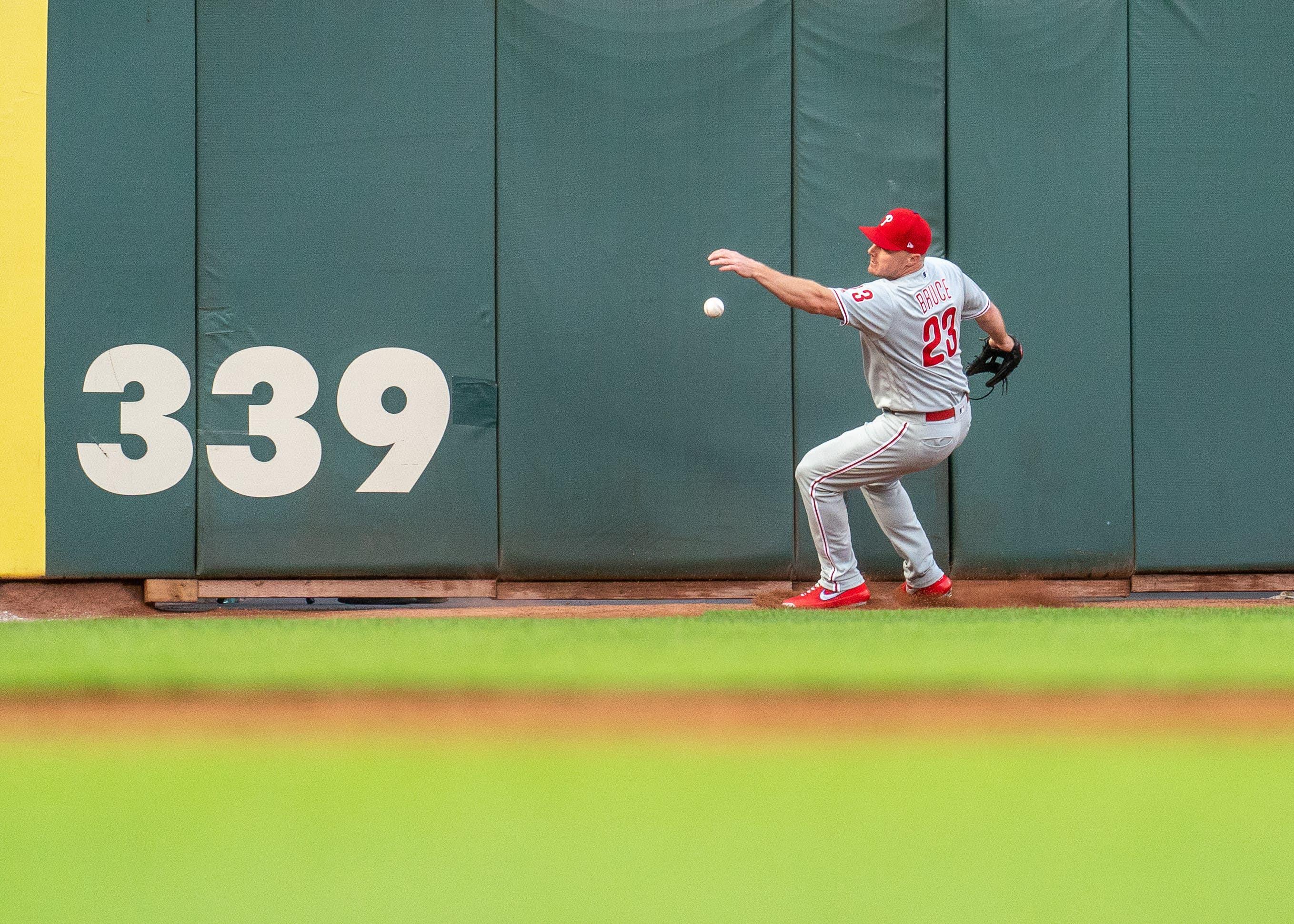 Aug 8, 2019; San Francisco, CA, USA; Philadelphia Phillies left fielder Jay Bruce (23) cannot catch up to a two run RBI double hit by San Francisco Giants right fielder Mike Yastrzemski (not pictured) during the third inning at Oracle Park. Mandatory Credit: Neville E. Guard-USA TODAY Sports / Neville E. Guard