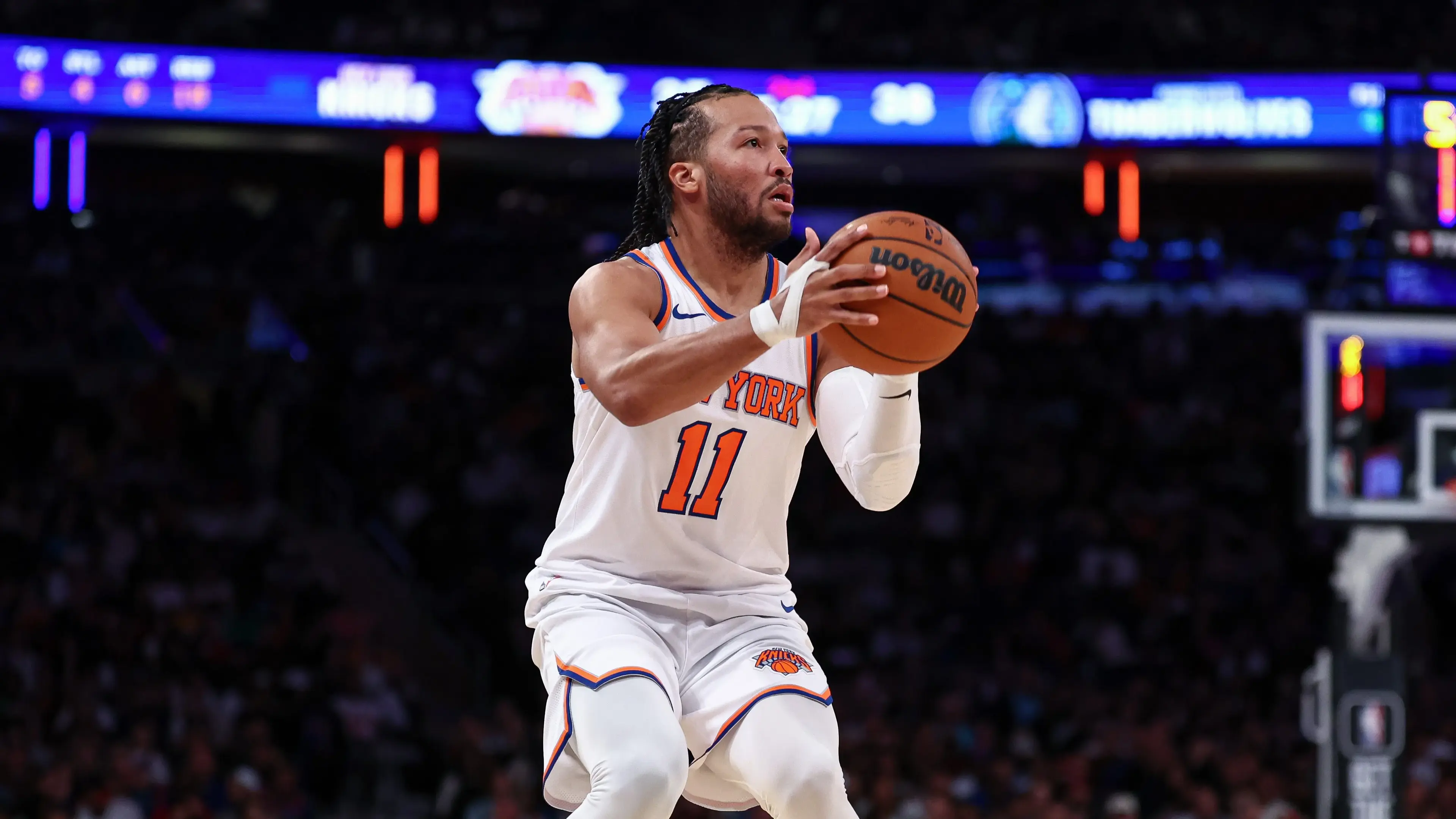 Oct 13, 2024; New York, New York, USA; New York Knicks guard Jalen Brunson (11) shoots the ball during the first half against the Minnesota Timberwolves at Madison Square Garden. Mandatory Credit: Vincent Carchietta-Imagn Images / © Vincent Carchietta-Imagn Images