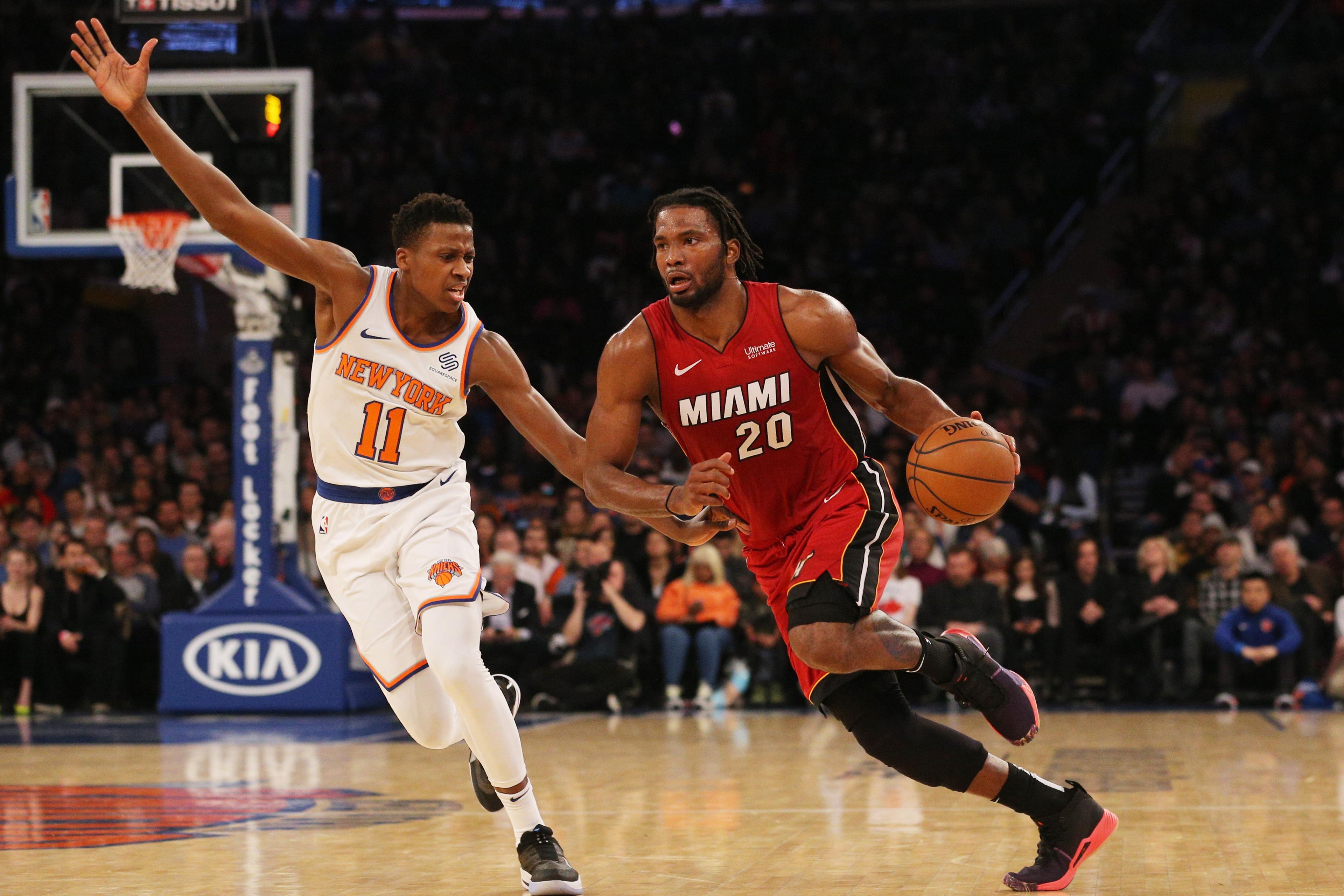 Miami Heat forward Justise Winslow drives to the basket against New York Knicks guard Frank Ntilikina during the first quarter at Madison Square Garden.